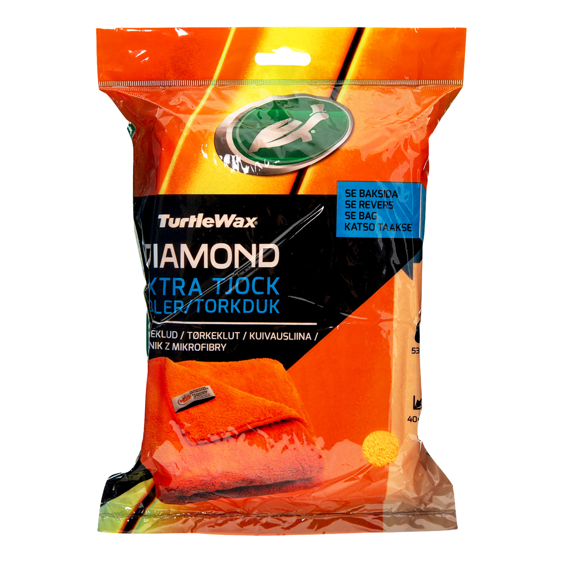 Ett förseglat paket med Turtle Wax Diamond extra tjock orange mikrofibertorkhandduk med produktdetaljer tryckta på framsidan.