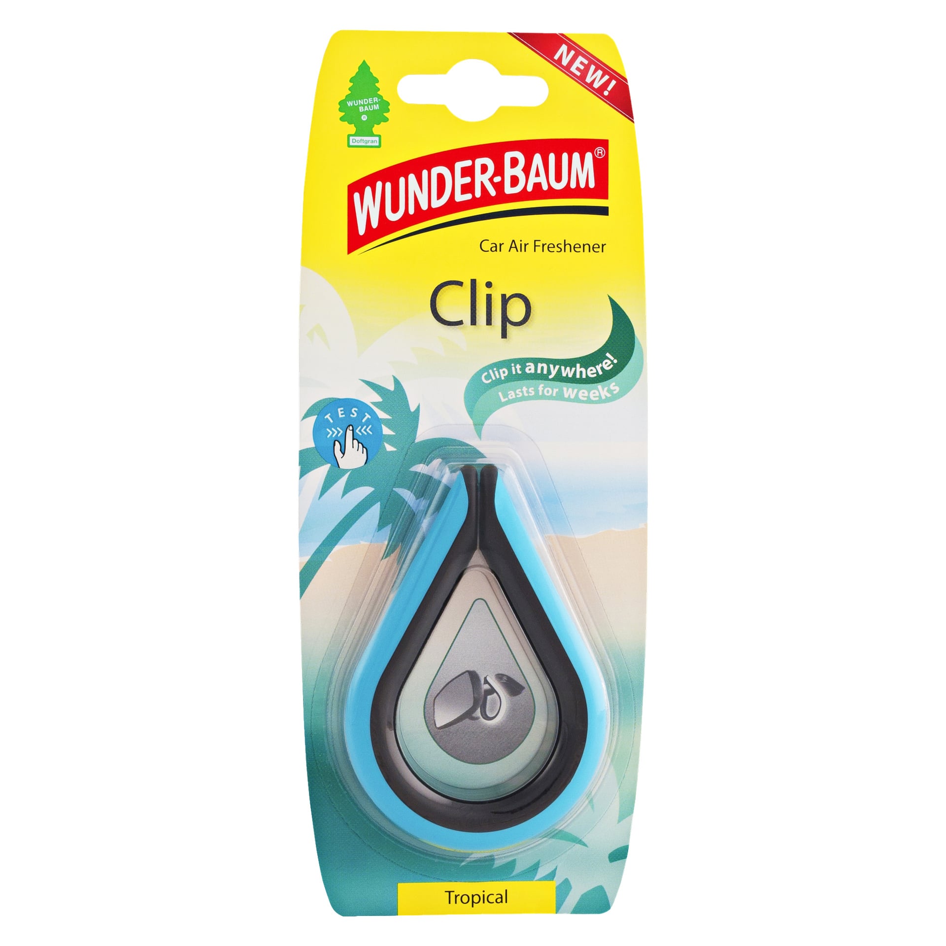 Ett Wunder-Baum Air Refreshener-klämma i tropisk doft, visad i gul och blå förpackning med produktdetaljer och en bild på klämman synlig genom ett transparent fönster.