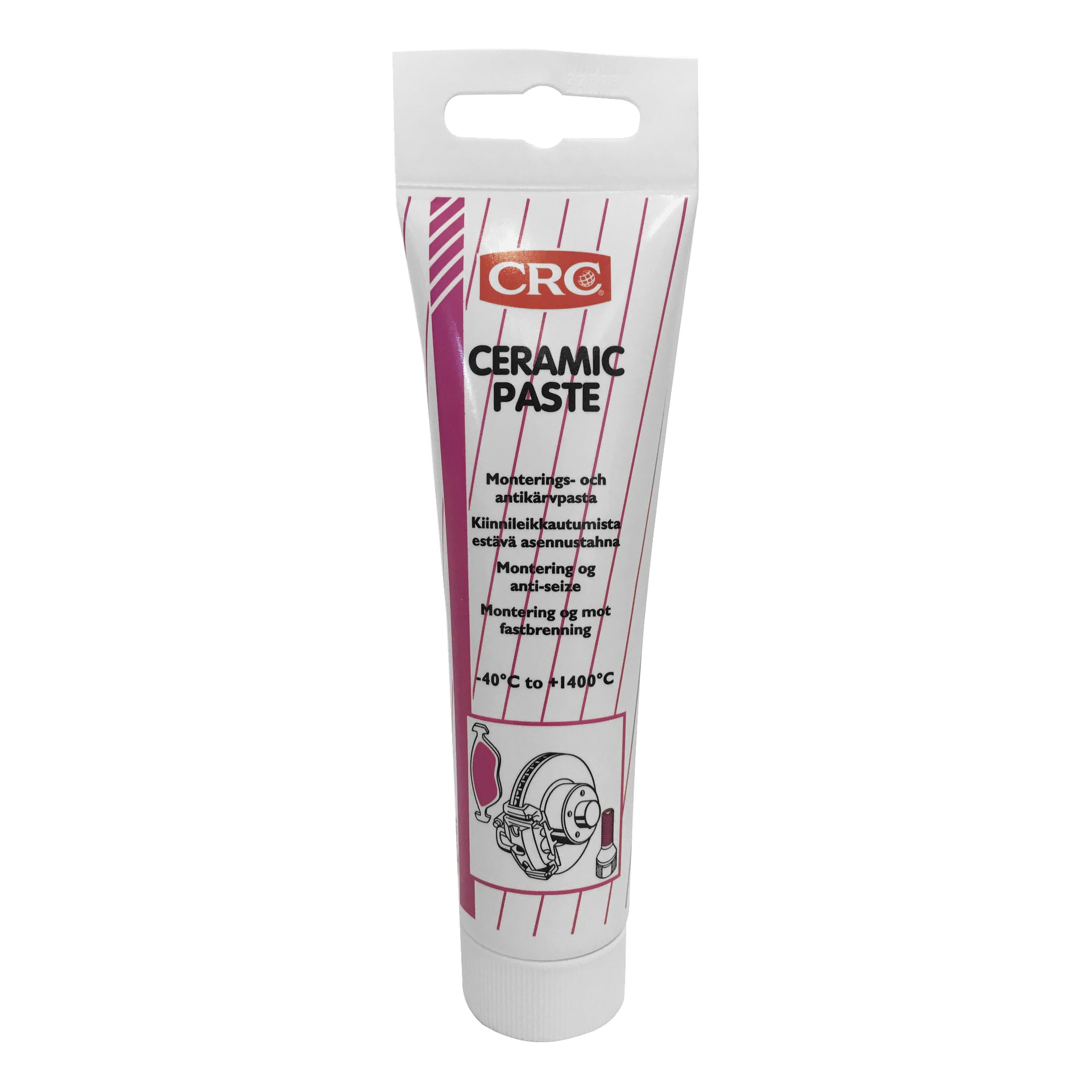 En vit tub CRC Ceramic Assembly Paste med rosa och svart text och en bild av en bromsskiva. Etiketten anger att den är avsedd för montering och anti-seze, lämplig för temperaturer från -40°C upp till 1400°C.