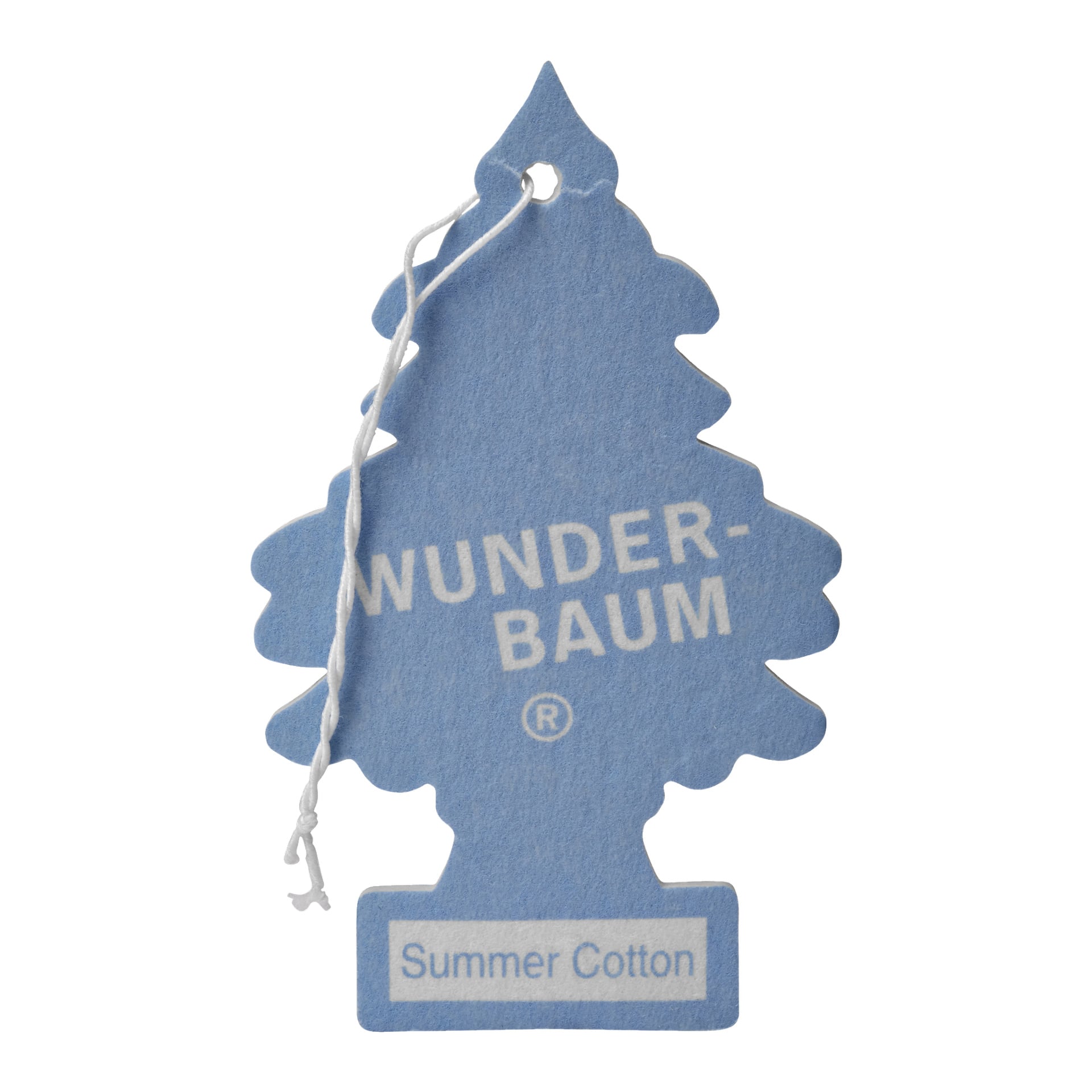 En blå, trädformad Wunder Baum-bilfräschare hänger i ett vitt snöre, med texten "Summer Cotton" längst ner.