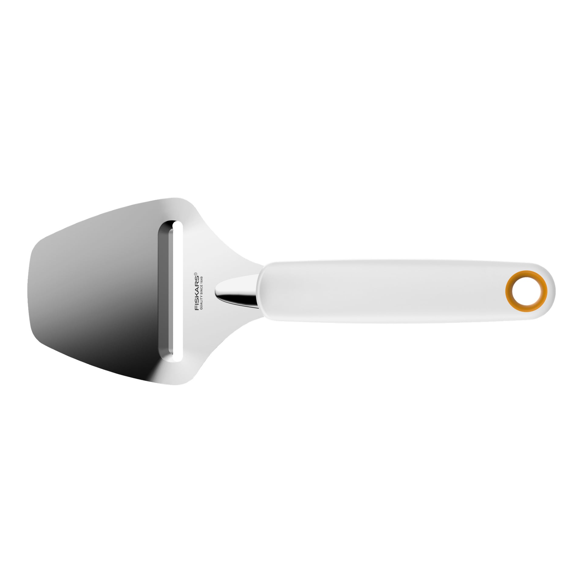 Fiskars Functional Form -juustoviipalointilaite, jossa on leveä, litteä metalliterä ja valkoinen kahva, jota korostaa oranssi rengas, ja se on tarkoitettu juuston ohueksi viipaloimiseen.