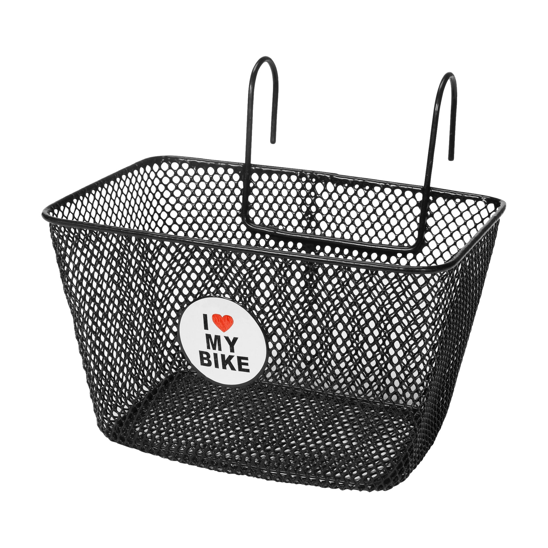 En svart metall Kayoba sykkelkurv med to festekroker og et rundt klistremerke foran som sier "I ❤️ MY BIKE" med svarte bokstaver og et rødt hjerte.