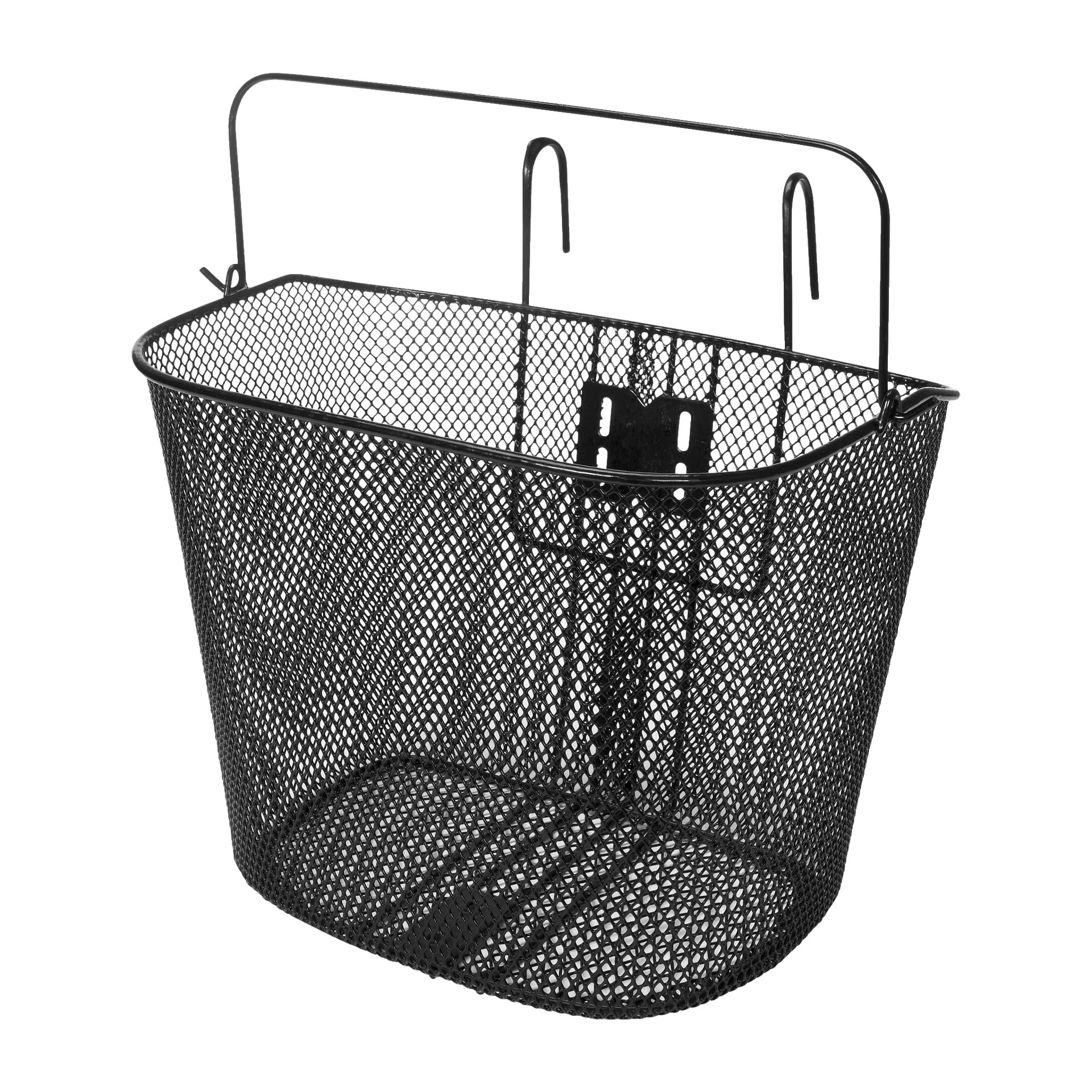 En svart metallnetting Kayoba sykkelkurv med åpent topp, rektangulært design og avrundede hjørner. Utstyrt med to kroker og et festebeslag for sikker feste til sykkelstyret, er den ment for å bære ulike gjenstander.