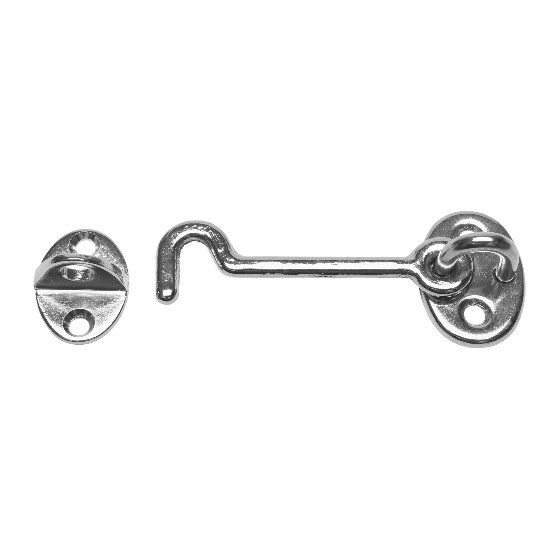 Kayoba Marine Hook and Eye Latch-setet har en böjd krokfästare och en matchande ögonplatta, båda utrustade med skruvhål för enkel fästning. Beslagen har en polerad, glänsande yta och verkar vara gjord av krom eller rostfritt stål.