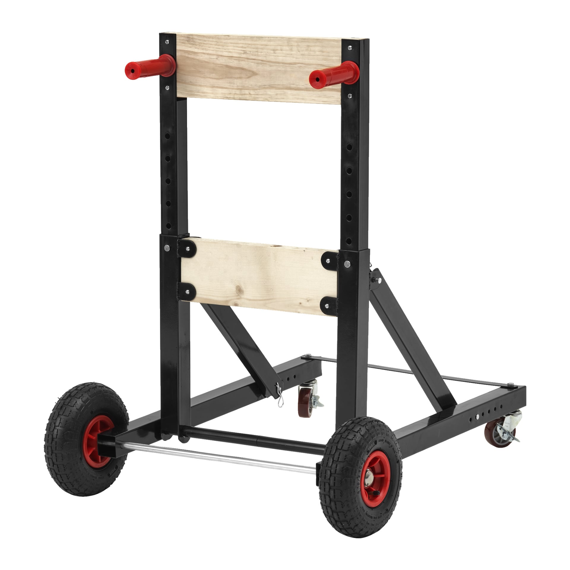 Ein Kayoba Marine Outboard Motor Trolley mit schwarzem Metallrahmen, hölzernen Seitenpaneelen, zwei großen roten und schwarzen Rädern vorne, zwei kleineren Caster-Rädern hinten und einem Paar roten Griffen oben angebracht. Das geneigte Rahmendesign sorgt für zusätzliche Stabilität.