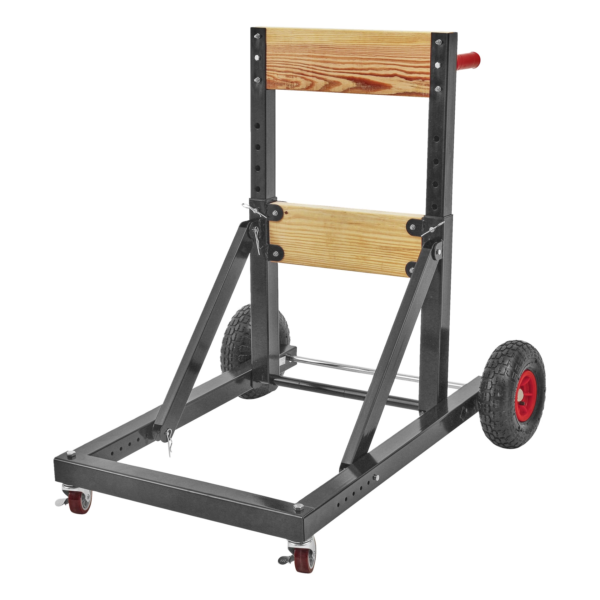 Kayoba Marine Outboard Motor Trolley är byggd av slitstarkt metall och trä, utrustad med två stora gummihjul och två mindre hjulhjul för mjuk rörelse. Designen inkluderar en rektangulär ram, justerbart upprätt stöd och tydliga röda detaljer på handtag och hjul.