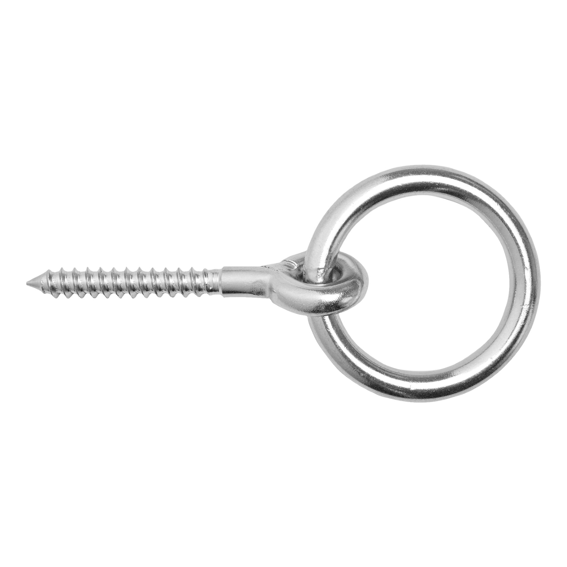 Kayoba Marine Eyebolt, jossa on teräväkärkinen kierteinen pää, tarkoitettu kiinnitettäväksi puuhun tai vastaaviin materiaaleihin, ja kiinnitetty pyöreä rengas, joka on asetettu kohtisuoraan pulttiin nähden.