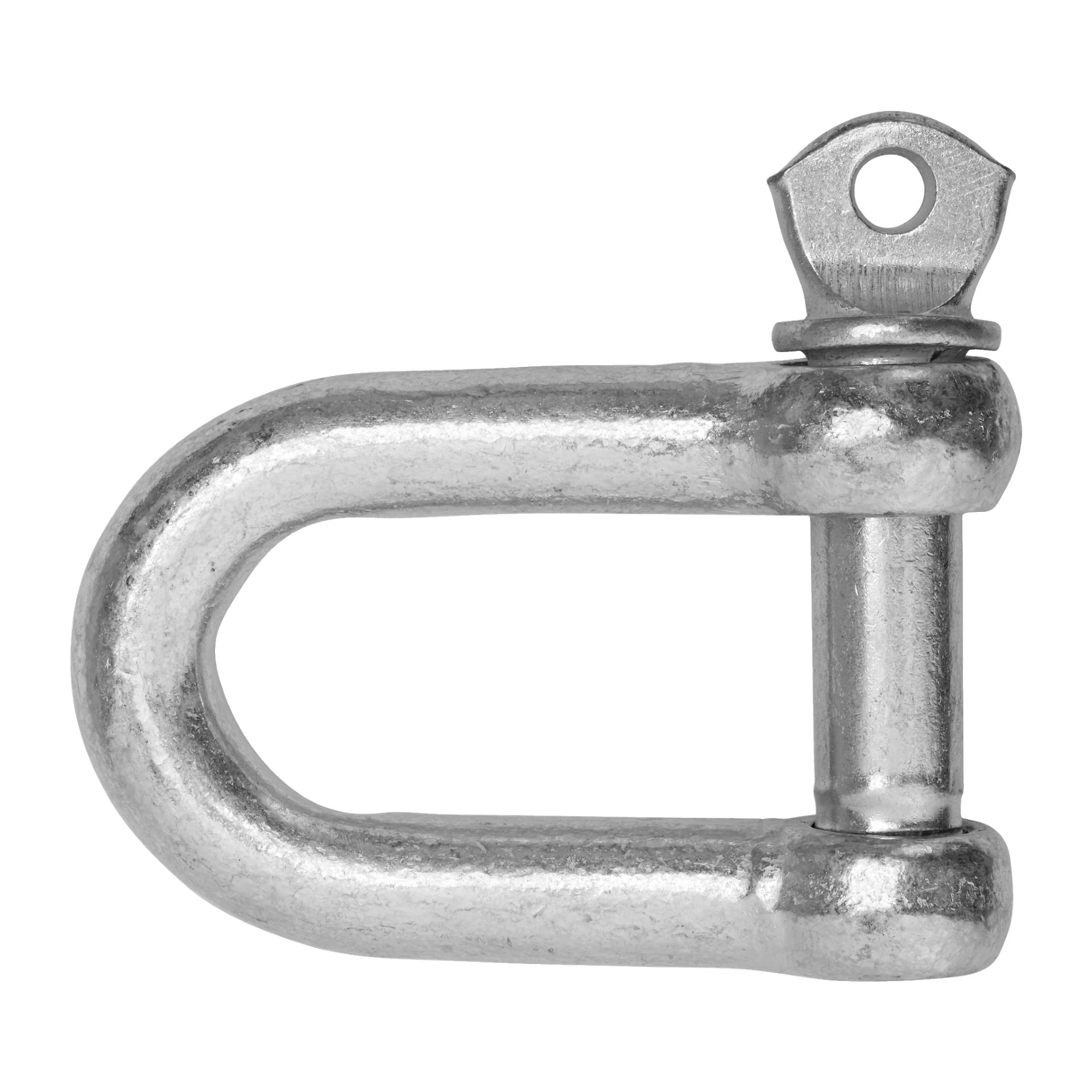 Et nærbilde av Kayoba Marine Shackle viser dens sølvfargede, D-formede metallform med en gjenget pinne, ment for løfting, rigging og sikring. Lenken har et enkelt, industrielt utseende.