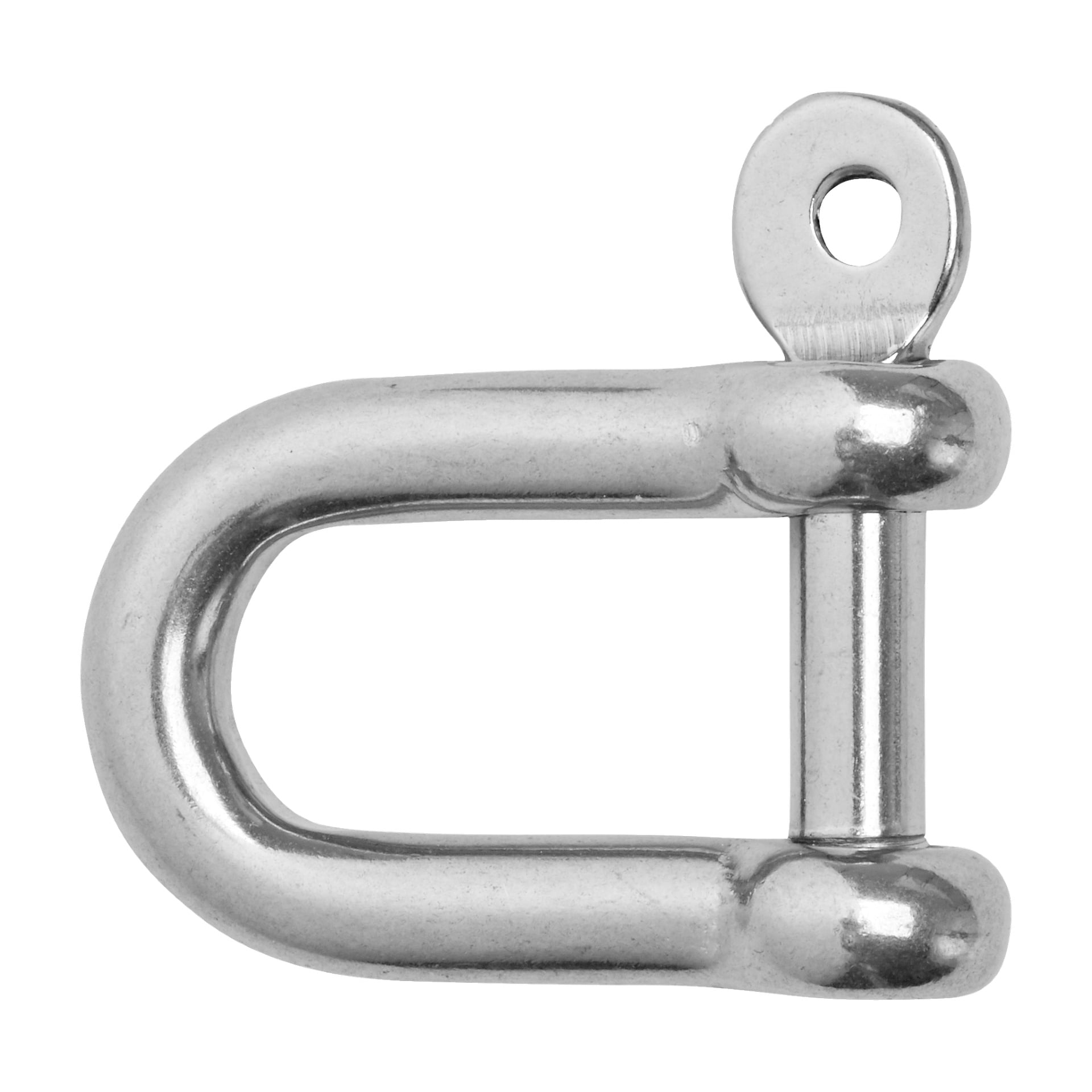 Närbild av Kayoba Marine Shackle, med en glänsande silverformad D-formad metalldesign med en gängad nål, avsedd för att fästa eller länka kedjor, rep eller kablar vid riggning och lyft.