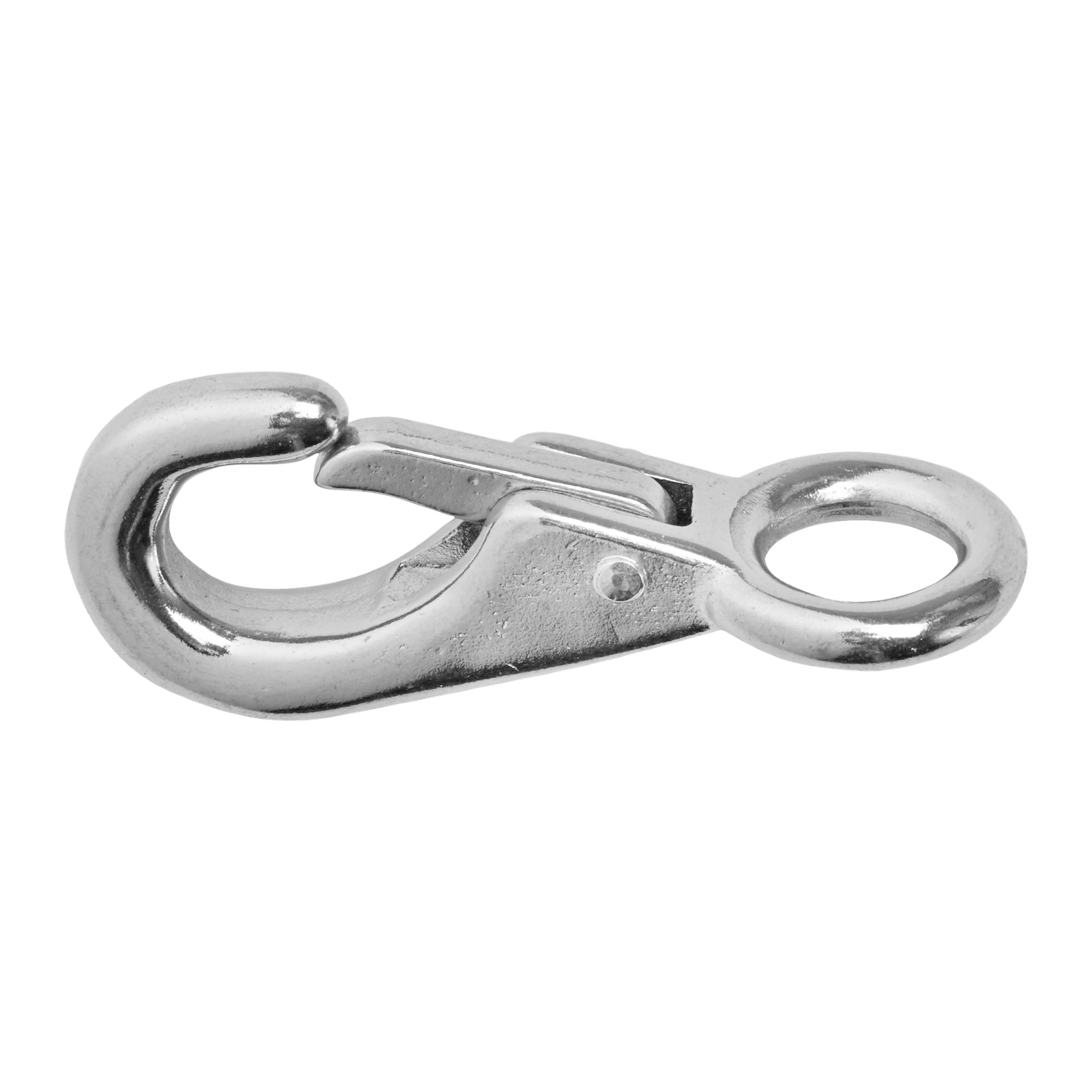 En närbild på Kayoba Marine Snap Hook visar dess blanka metallyta, utrustad med ett fjäderbelastat spänne och en cirkulär fästring.