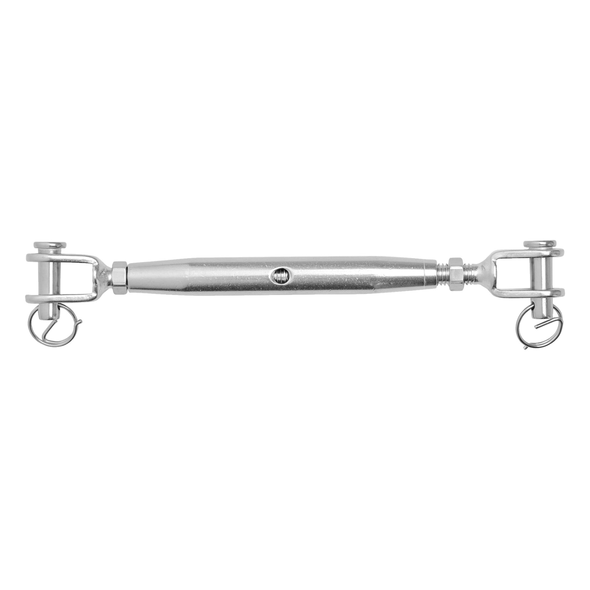 En Kayoba Marine Turnbuckle med en cylindrisk metallkropp, som visar gängade ändar på båda sidor—en höger- och en vänstergänga—var och en fäst vid en clevis och säkrad med splittstift. Turnbucklen ligger horisontellt.