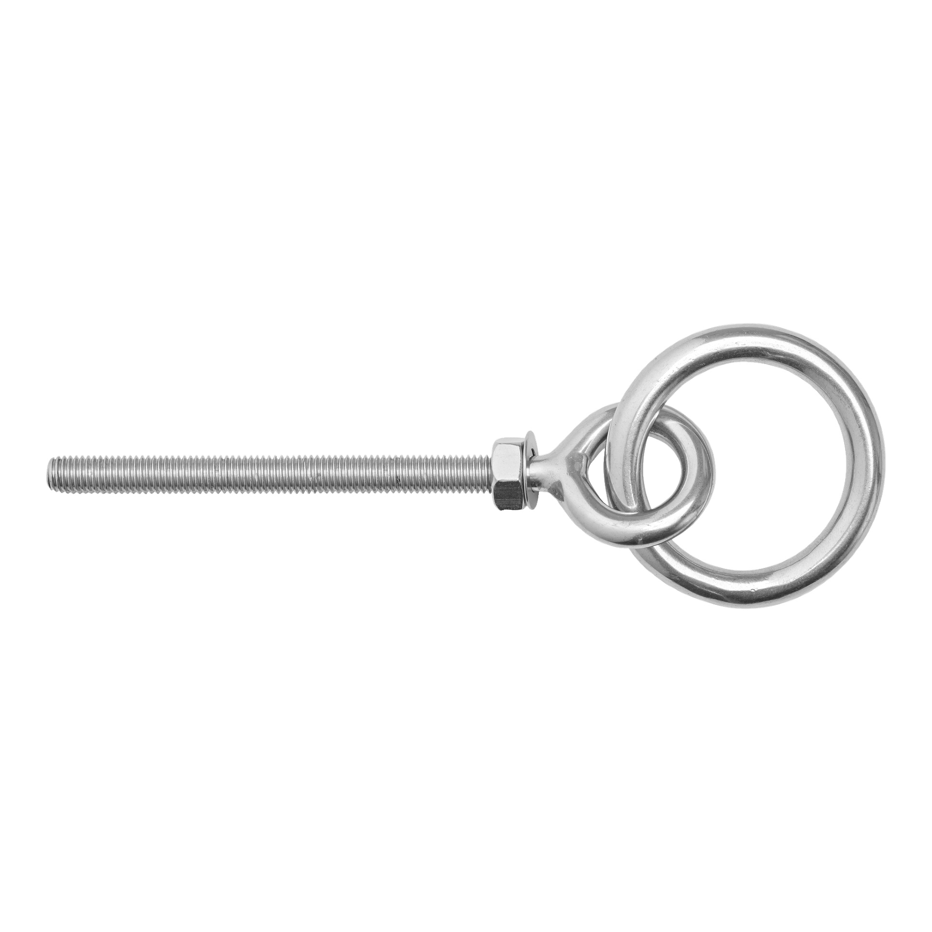 En Kayoba Marine Eyebolt är avbildad, placerad horisontellt med gängad axel vänd åt vänster och den cirkulära ringen till höger.