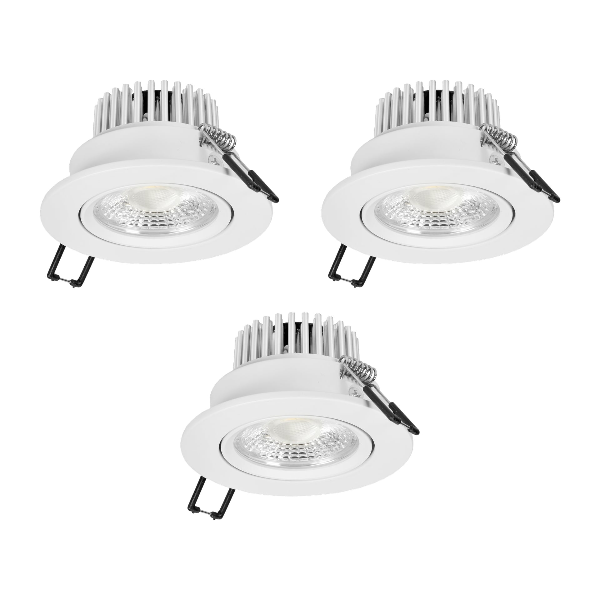 Tre runda vita Markslöjd Downlight Hera LED-downlights, erbjudna som ett set om tre, var och en med synliga metallkylflänsar och monteringsklämmor.