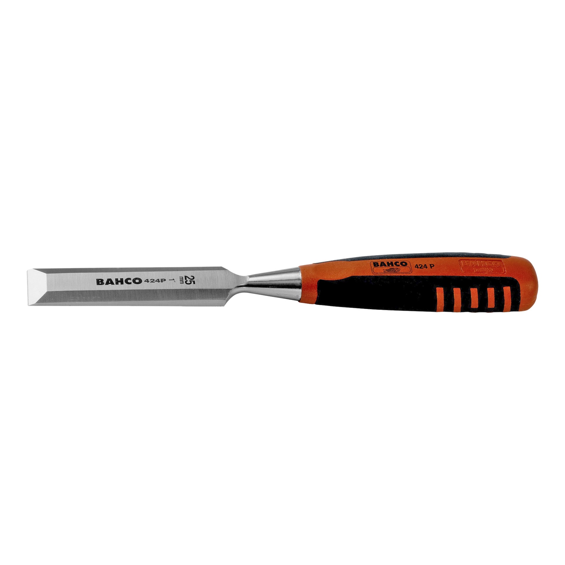 En Bahco-mejsel med ett stålblad och ett ergonomiskt handtag i orange och svart.
