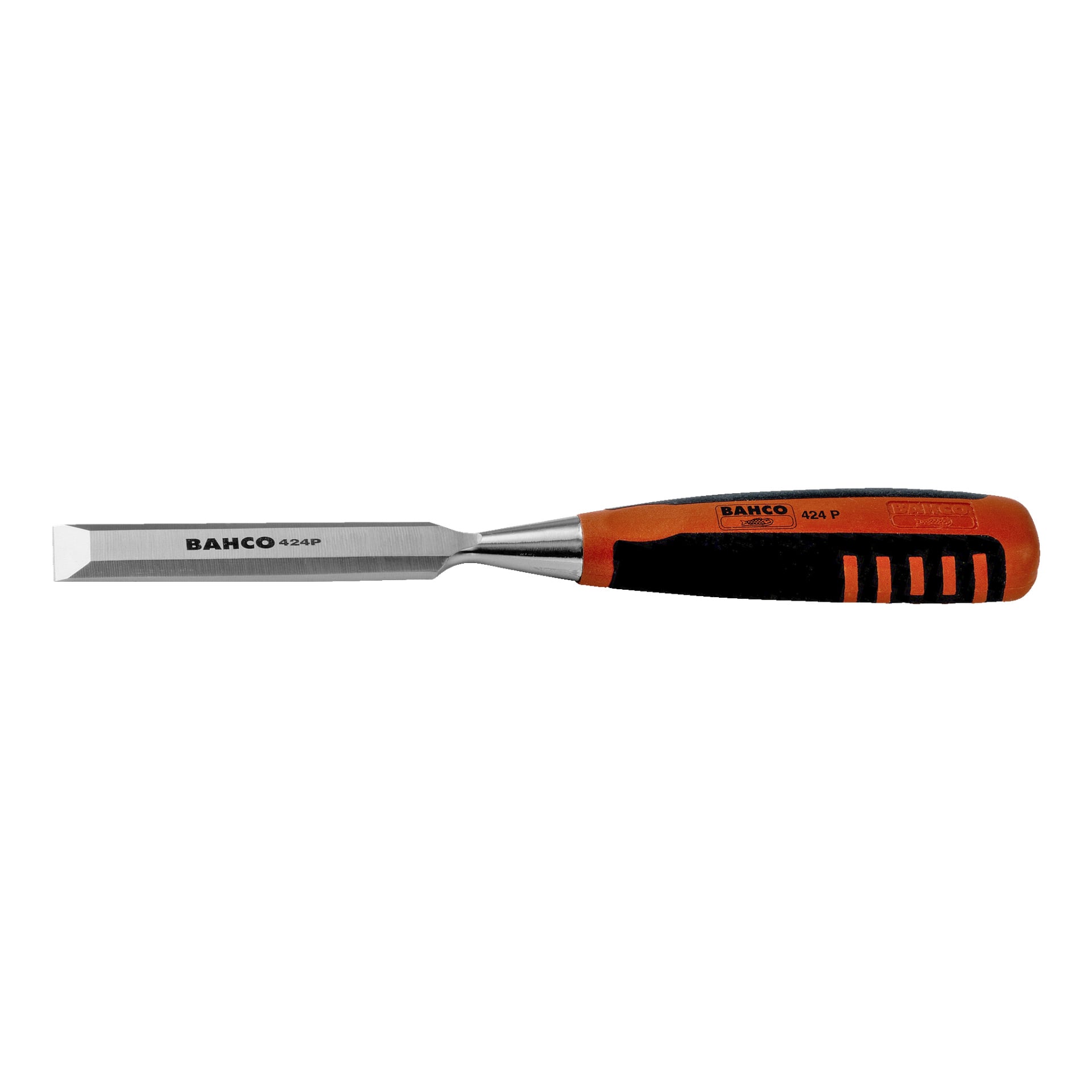 En Bahco-trämejsel med ett fasat stålblad och ett ergonomiskt handtag i orange och svart.