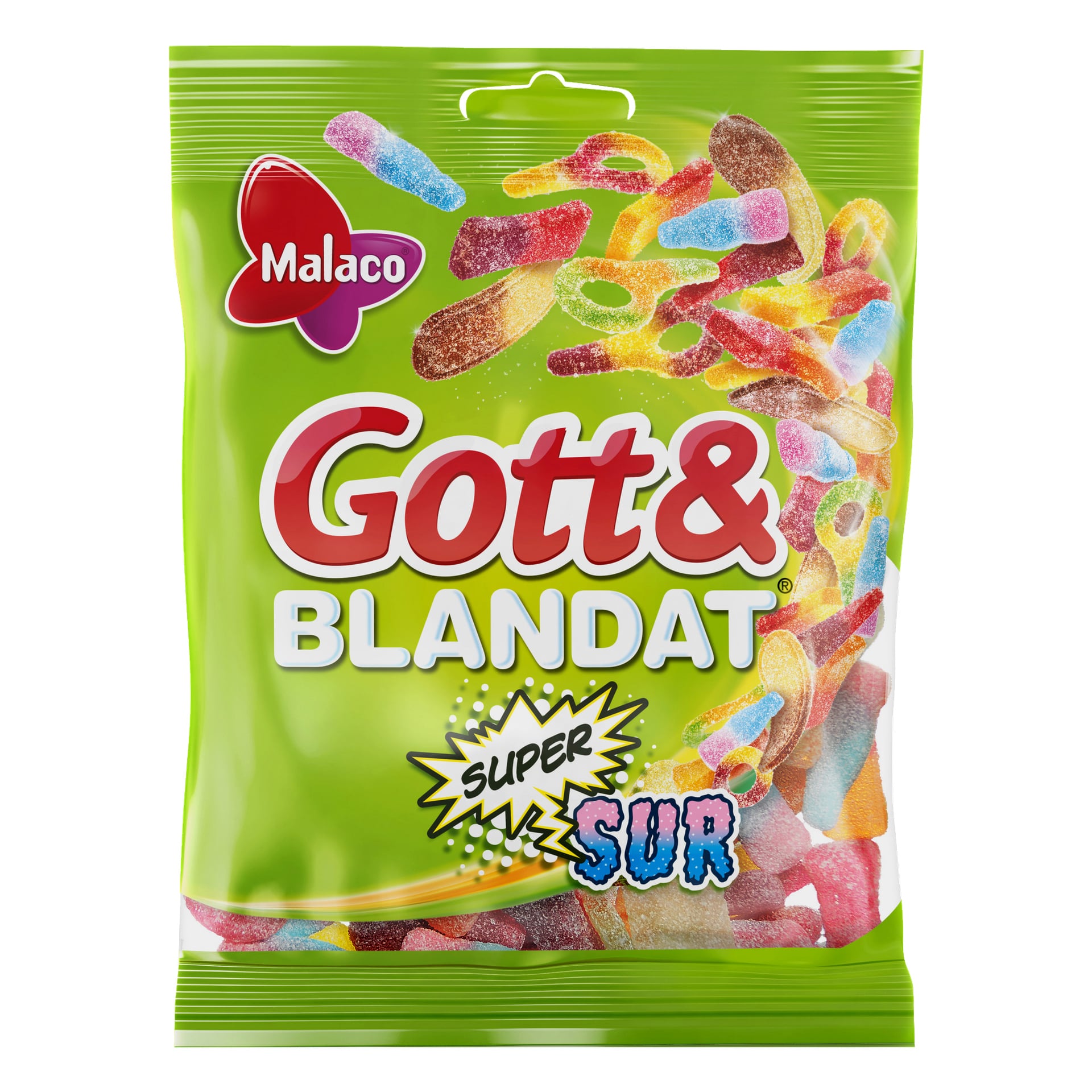 En grön påse med Malaco Gott & Blandat Supersur-godis avslöjar ett urval av färgglada sura gummies inuti. Förpackningen visar Malaco-varumärket med djärva, lekfulla typsnitt och livfulla grafik.