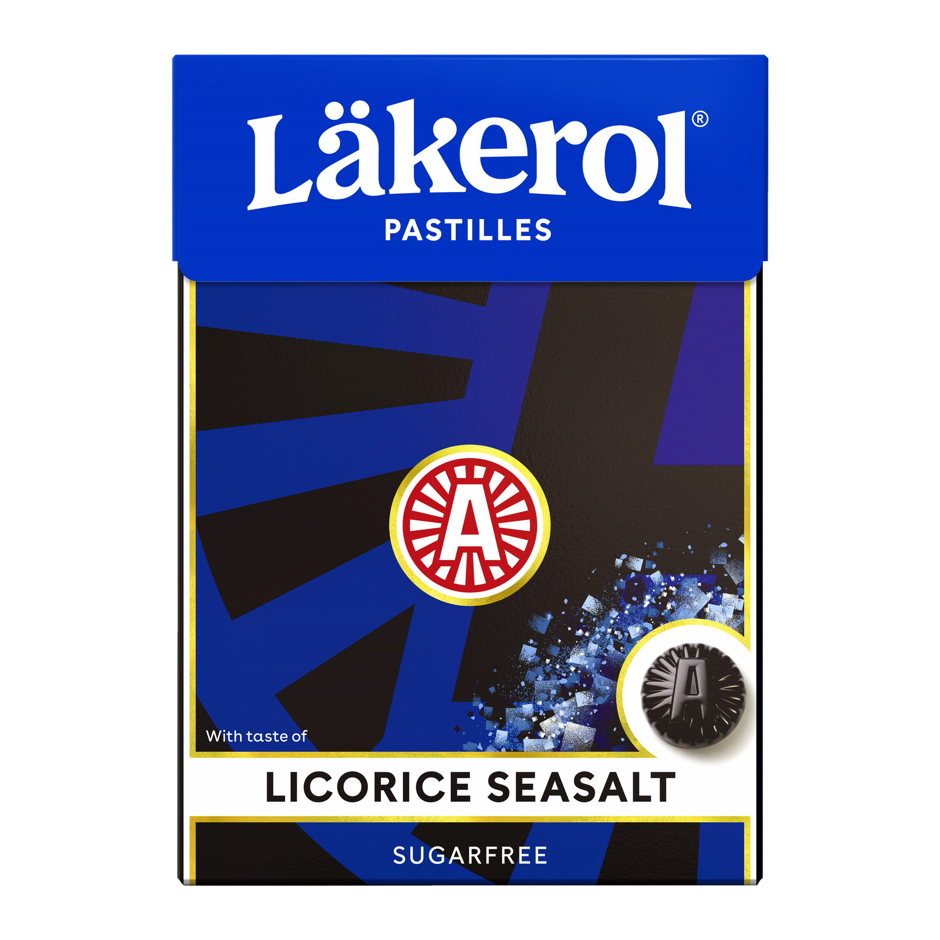 En rektangulær Läkerol Big Pack-boks med blå topp og svart bunn, dekorert med geometriske mønstre. Esken har ordene «Lakrissalt», sammen med bilder av pastillegodteri og saltkrystaller, og indikerer at den er sukkerfri.