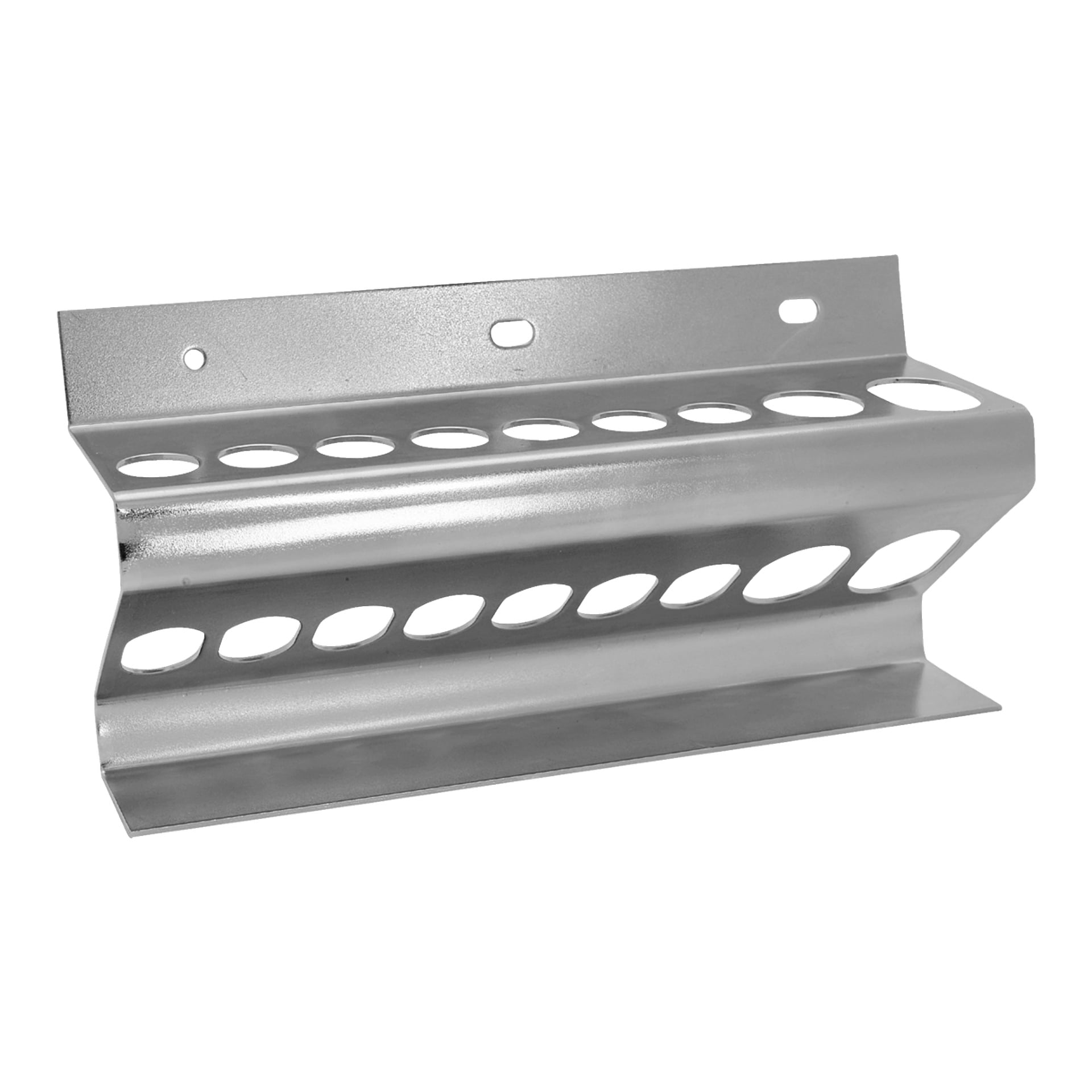 En Hard Head silvermetallhållare för stansar och tänger, med rundade kanter, två horisontella rader av ovala hål och tre monteringsspår längs den övre kanten.