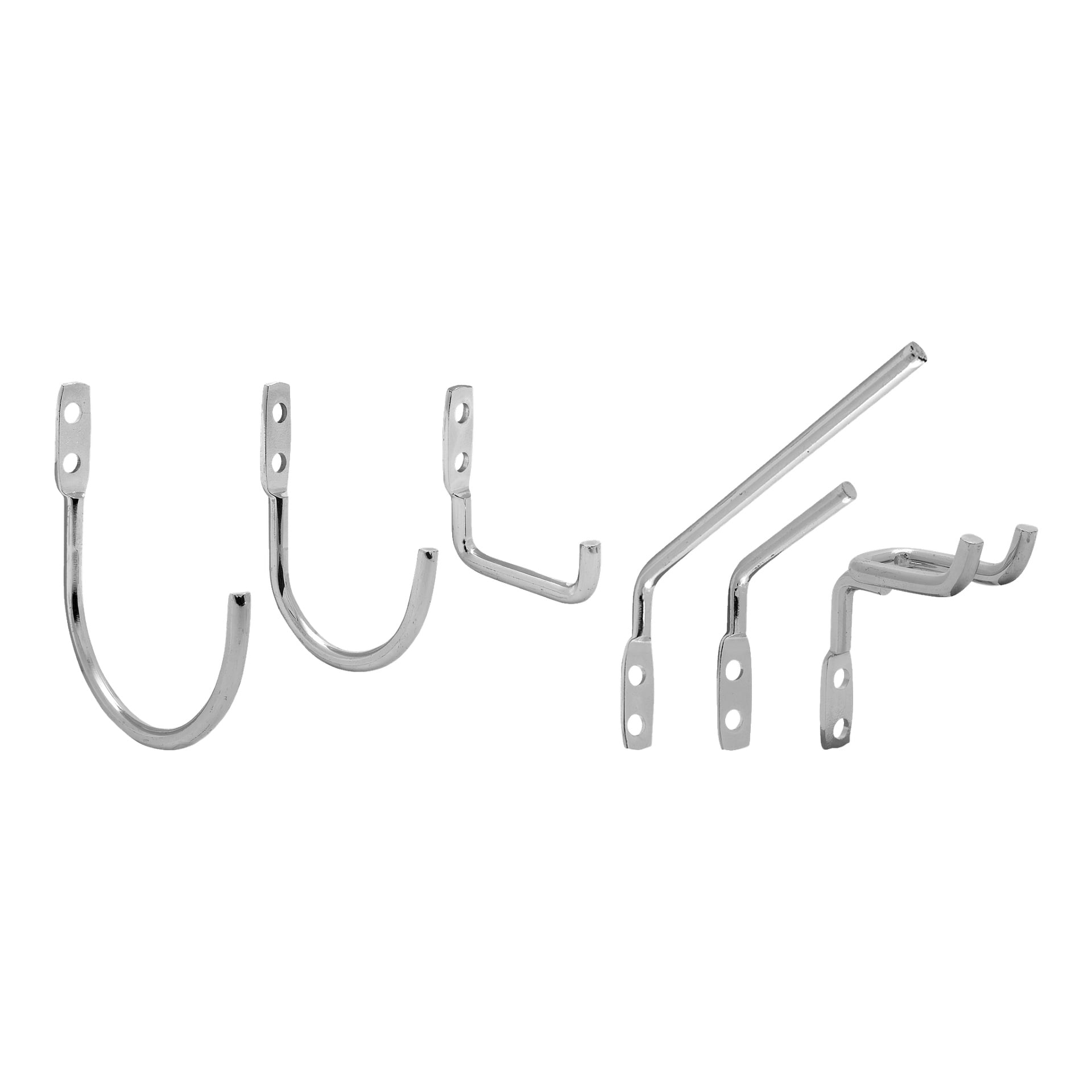 Trettio Hard Head Multi-hooks för verktygsbrädor visas. Varje metallkrok har två skruvhål på sin monteringsplatta och finns i olika former och storlekar, inklusive mjukt böjda och skarpt vinklade mönster.