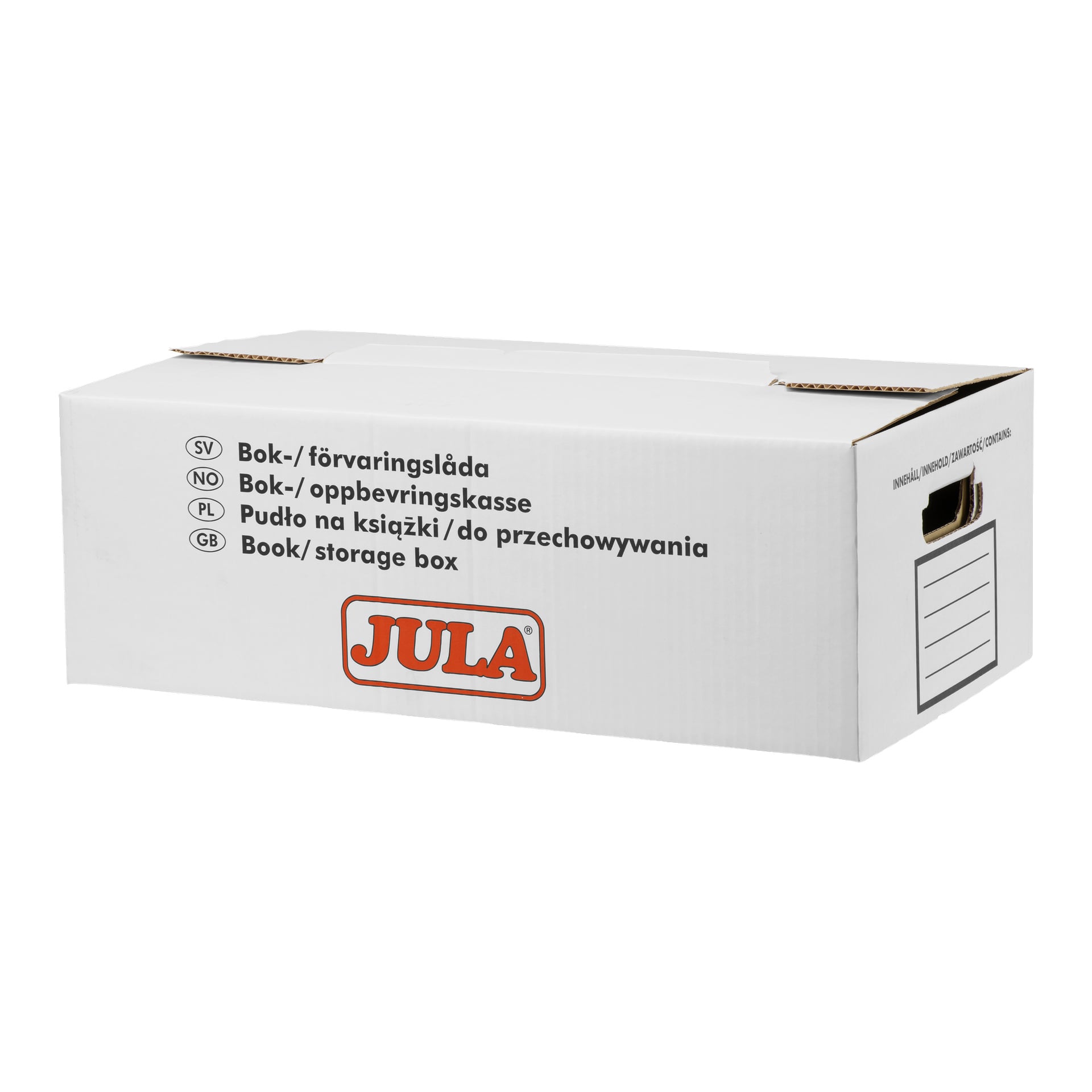 En vit kartonglåda från Jula, med en orange JULA-logga och ett handtag att bära med. Texten beskriver den som en låda för flytt och förvaring, med en tom etikettsektion på höger sida för att skriva identifieringsinformation.