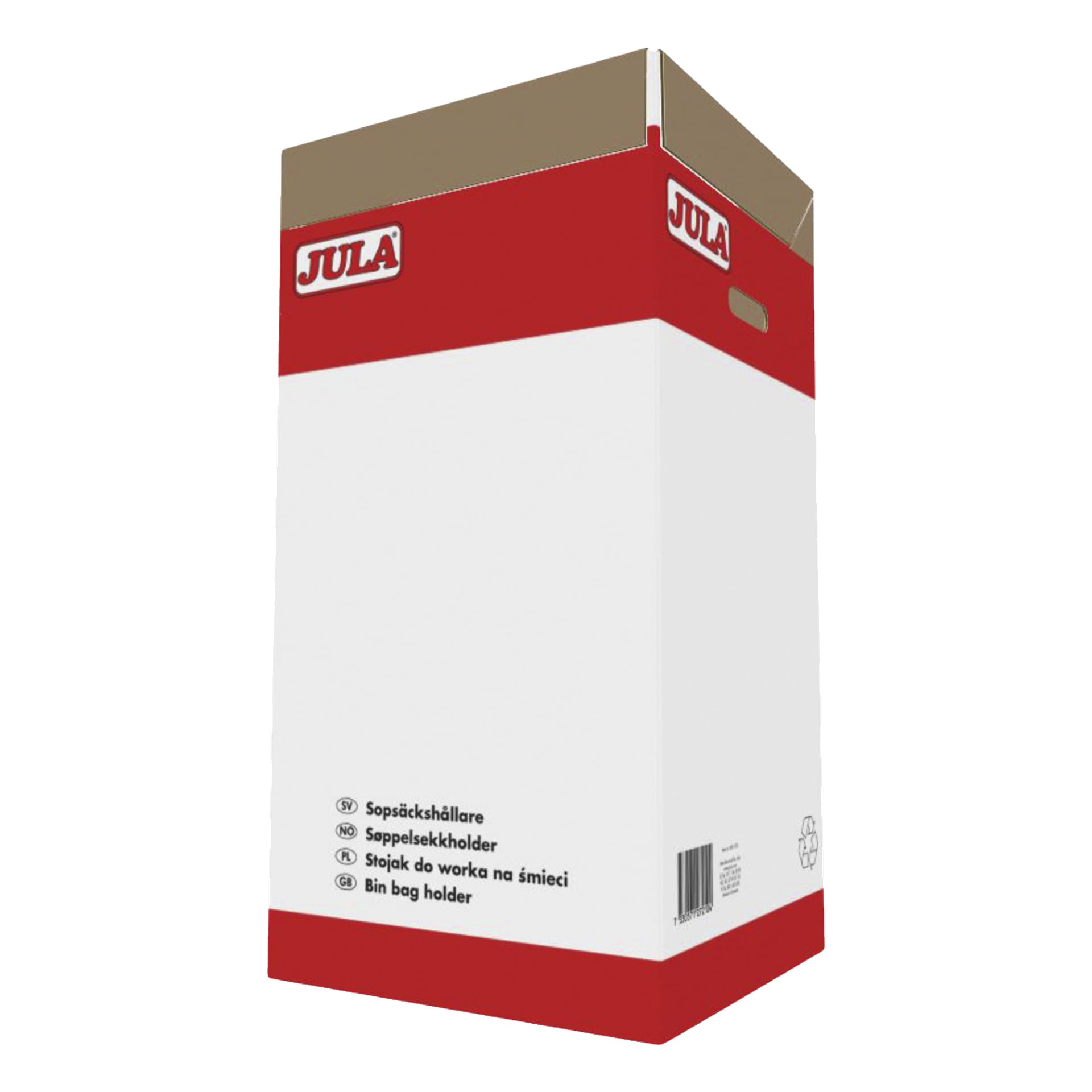 En høy, rektangulær poseholder fra Jula med rød og hvit farge, Jula-logoen synlig på forsiden, sammen med produktdetaljer. Pappesken har et håndtak som er utskåret nær toppen.