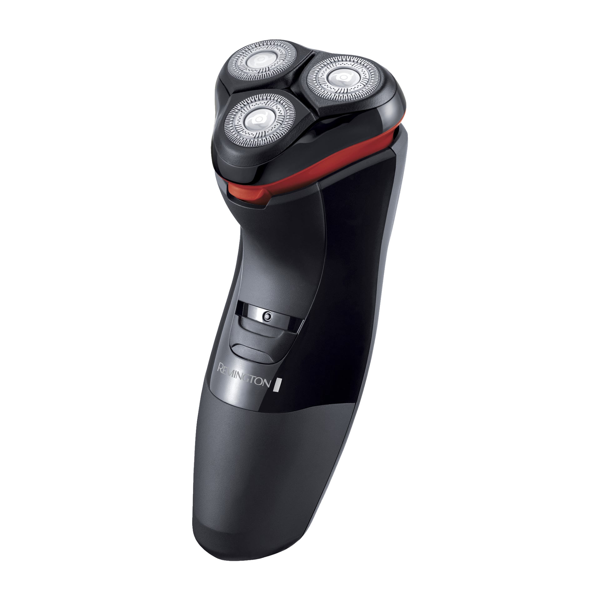 Remington Shaver Power Series PR1330 to elektryczny golarz obrotowy w kolorze czarno-srebrnym, zaprojektowany z trzema okrągłymi głowicami do golenia, czerwonym detalem u góry oraz logo Remingtona widocznym na rękojeści.