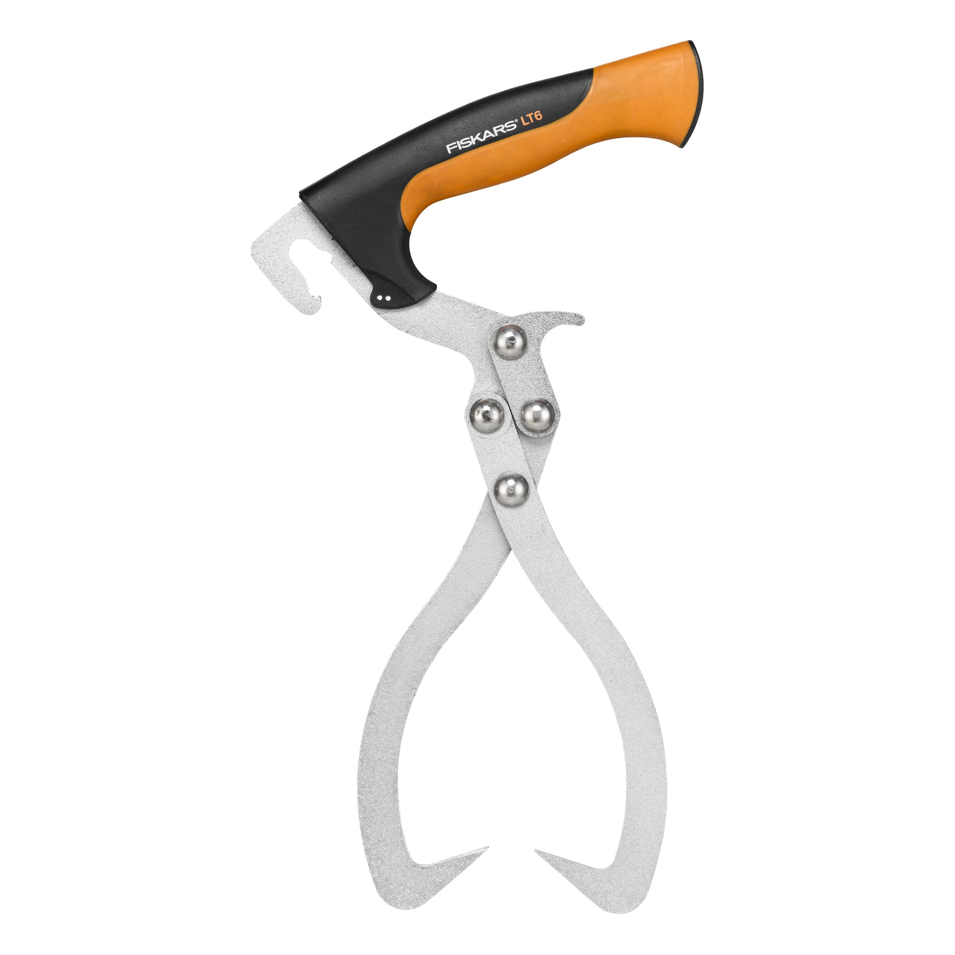 En stockhållare i metall med ett svart och orange Fiskars-handtag, med två böjda tandade armar som är förenade med tre vridpunkter.