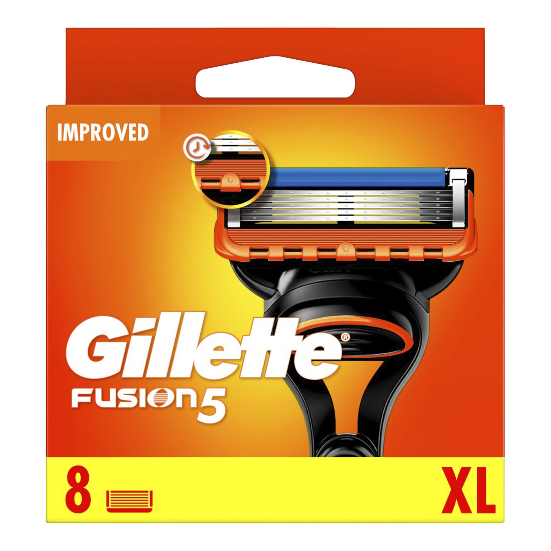 Gillette Fusion® rakblad, 8-pack, i orange förpackning märkta "IMPROVED" och "XL", med en detaljerad bild av rakbladshuvudet.