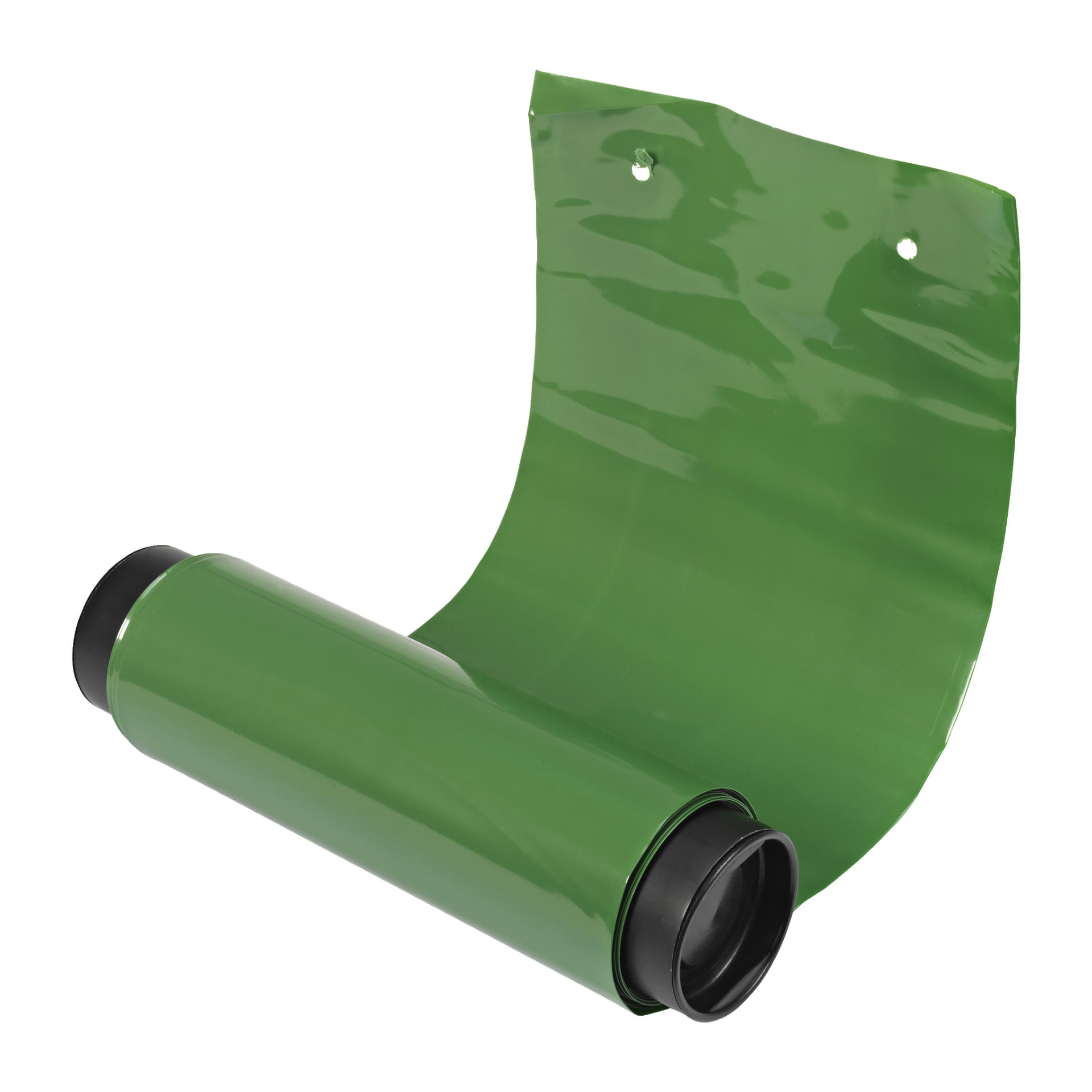 En blank grön plast Raindrain Rainwater Spreader för avloppsrör (Rain Drain DE12) är delvis utrullad, med två hål nära ena kanten och svarta cylindriska ändar på vardera sidan.