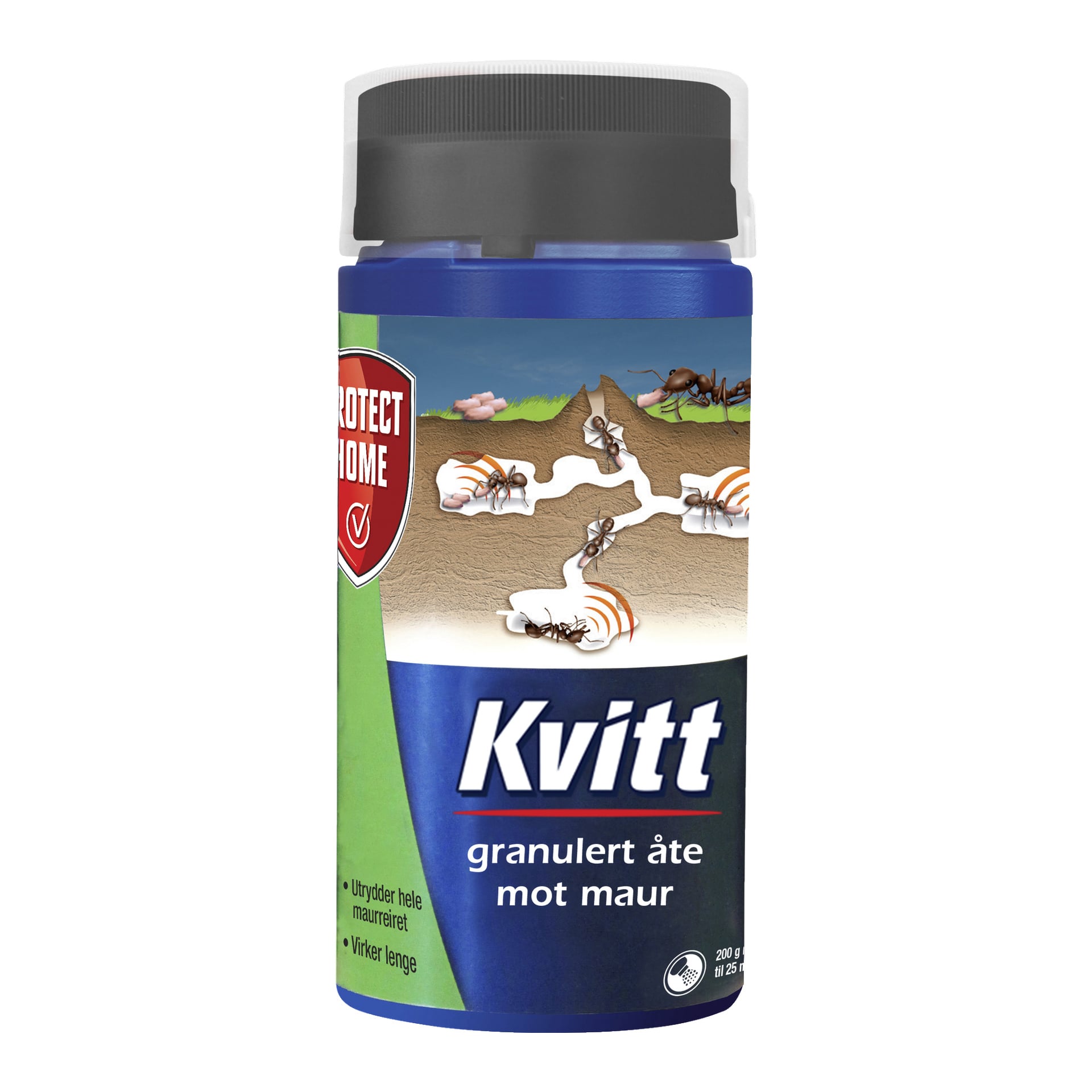 En blå og svart beholder med Protect Home Ant Killer Baythion® I med en illustrasjon av maur i et rede på etiketten. Etiketten sier at det er granulert agn designet for å kontrollere maur.