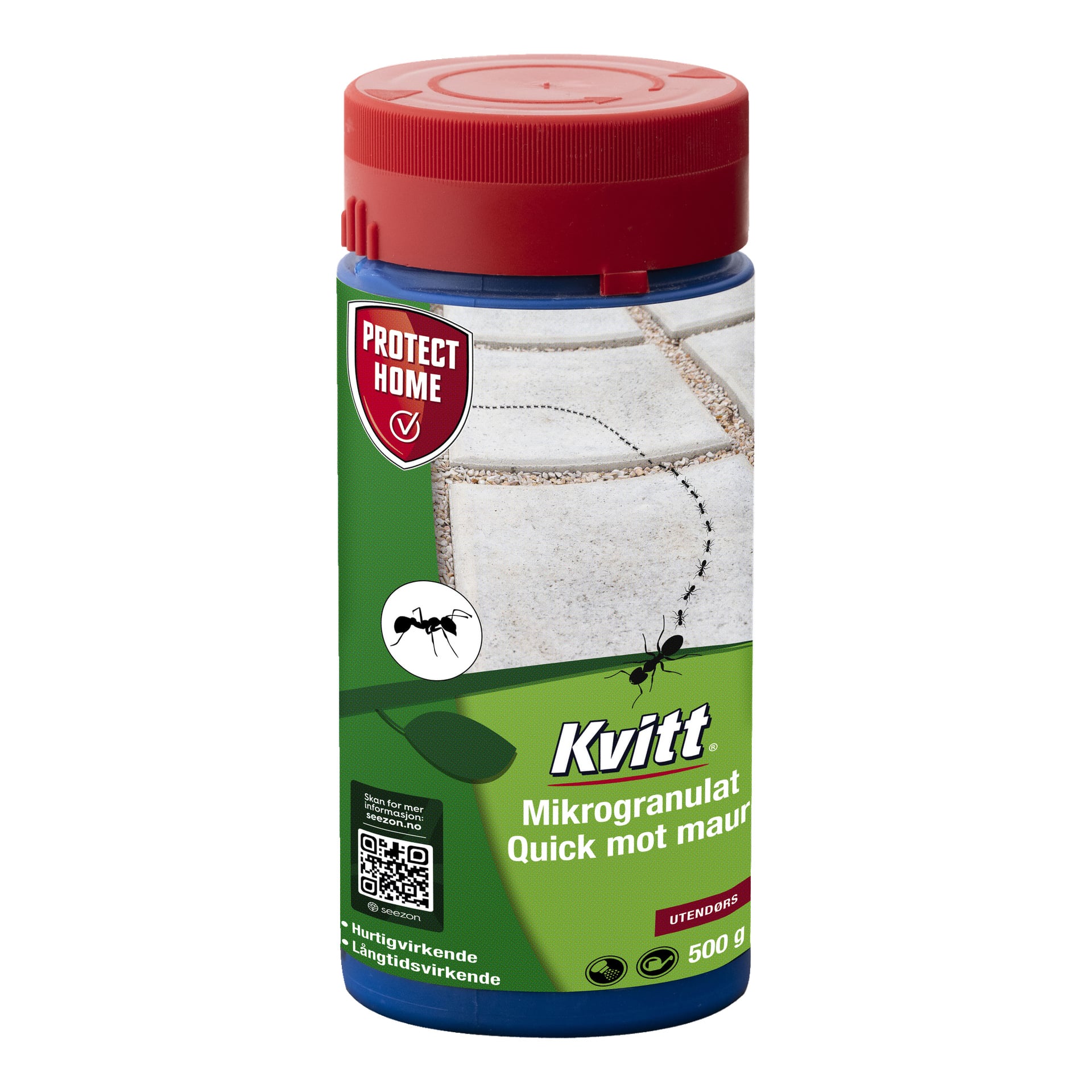 En beholder med Protect Home Ant killer Baythion® Quick med rød lokk, som viser produktinformasjon og et bilde av maur på asfalten. Etiketten indikerer 500g og inkluderer en QR-kode.