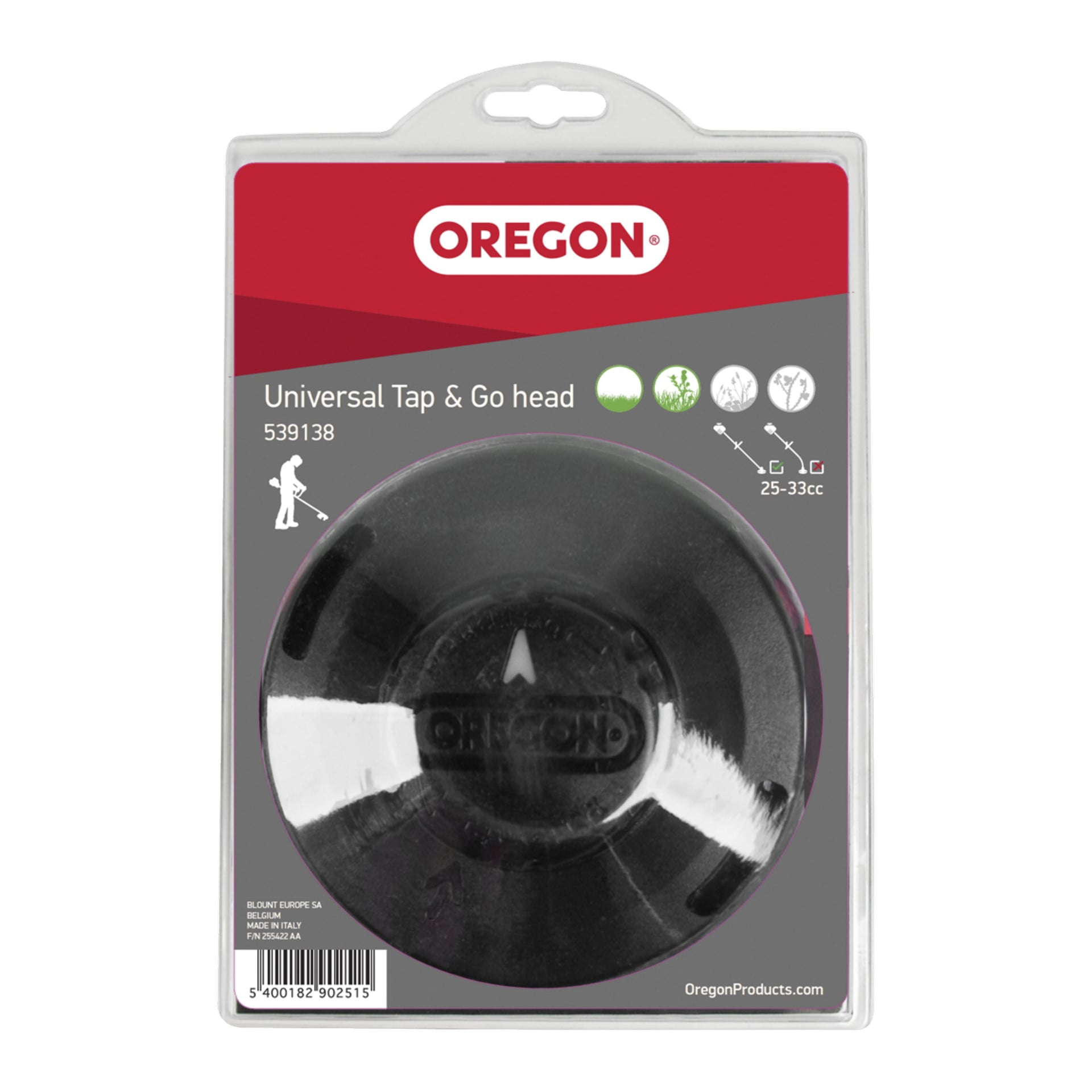Ett Oregon Tap&Go-trimmerhuvud inkapslat i klar plast med röd bas, med djärva logotyper, olika ikoner och detaljerad produktinformation på framsidan av förpackningen.