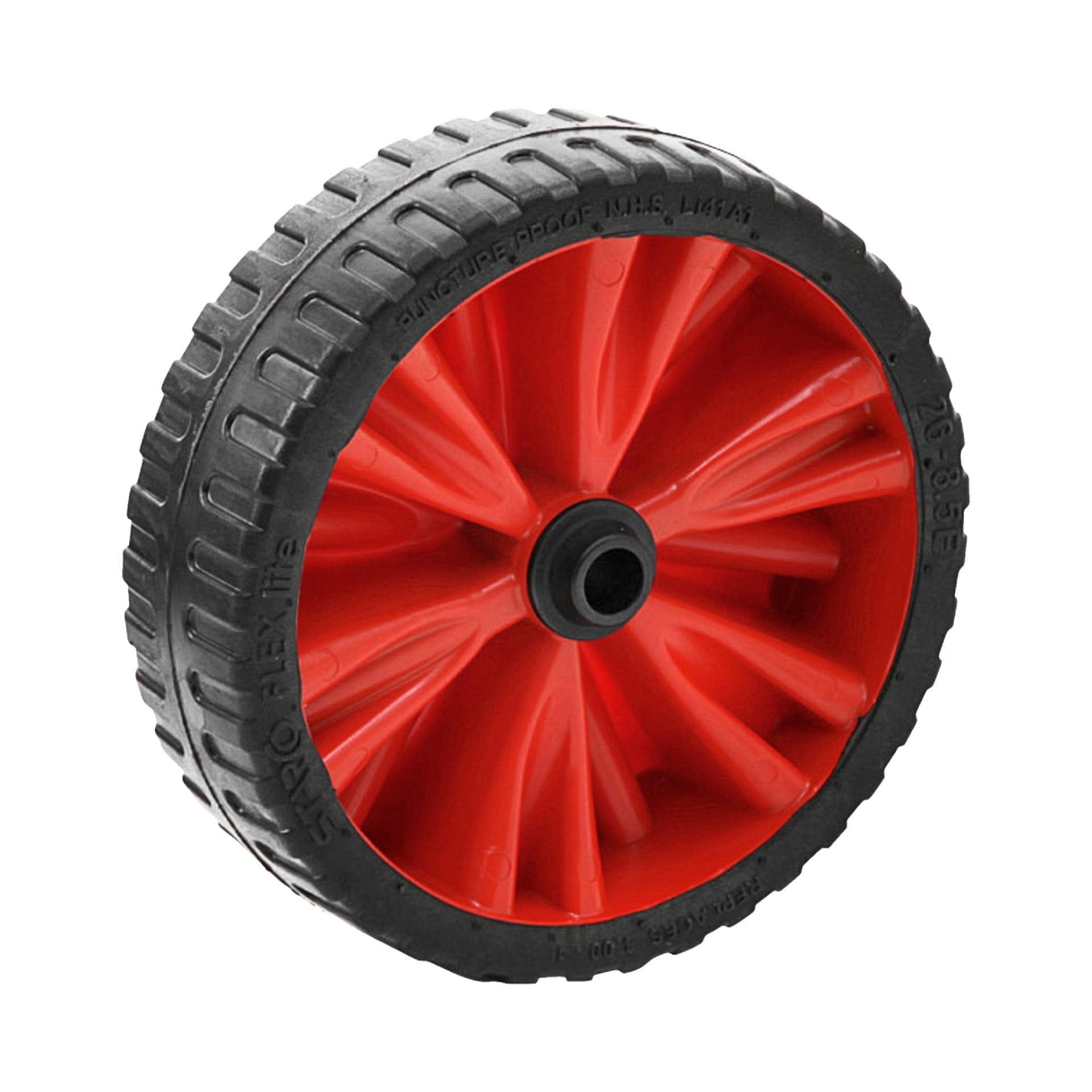 Wheel Flex Lite från Hörby Bruk visas som ett enda svart gummidäck med texturerade mönster och ett framträdande rött plasthjulnav med flera ekrar.