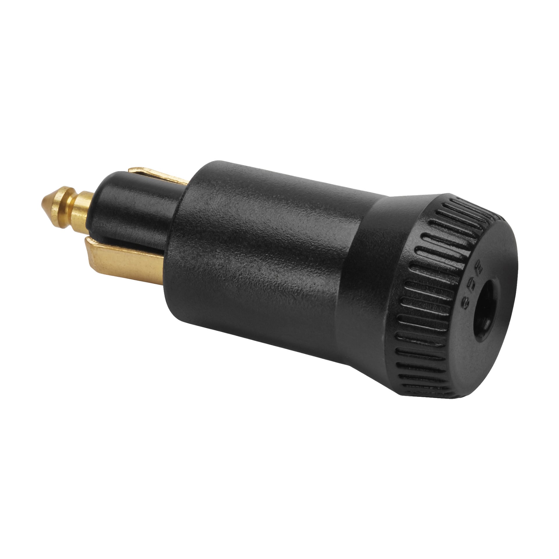 En Hamron Plug adapter for bilsigarettenner med et sylindrisk svart og gullfarget design og et teksturert grep nær basen.