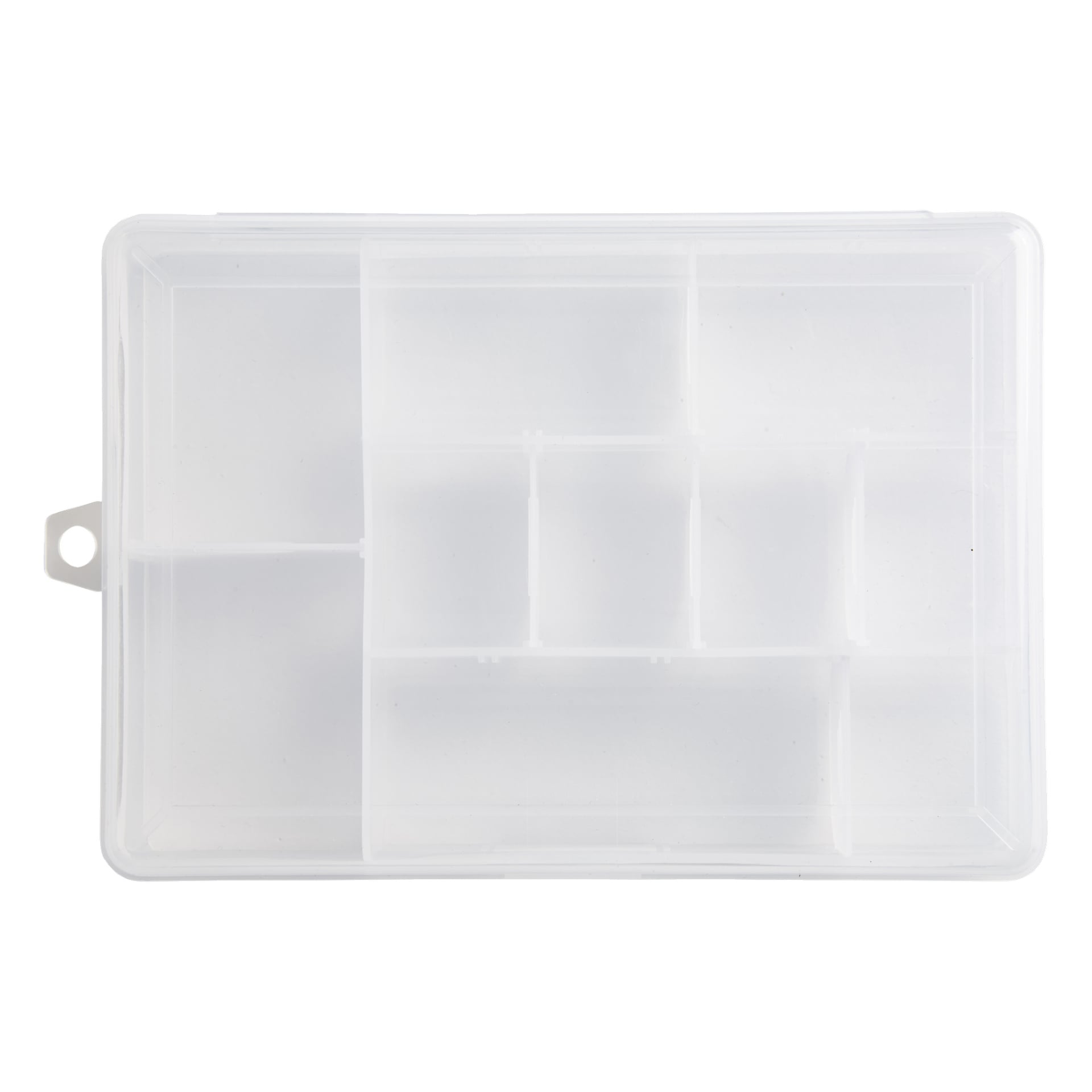 En genomskinlig plast Kayoba Bait Box med nio separata fack och en liten flik på vänster sida för enkel bäring eller upphängning. Det transparenta locket ger en obehindrad utsikt över de tomma facken inuti.