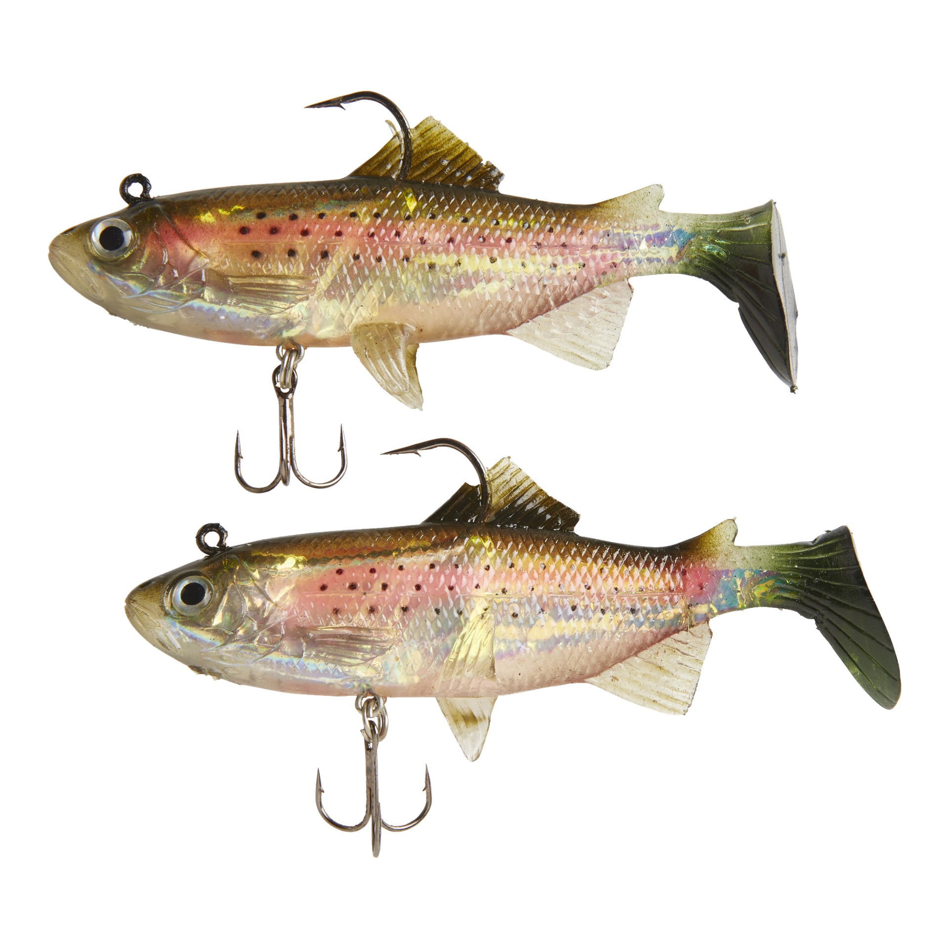 Kayoba Jigs 2-pack innehåller två mjuka plastbeten som är tillverkade för att likna fiskar med livfulla färger. Varje drag är utrustat med en trekronkrok under och en enda krok på baksidan, avslutad i metalliska nyanser av grönt, rosa och gult.