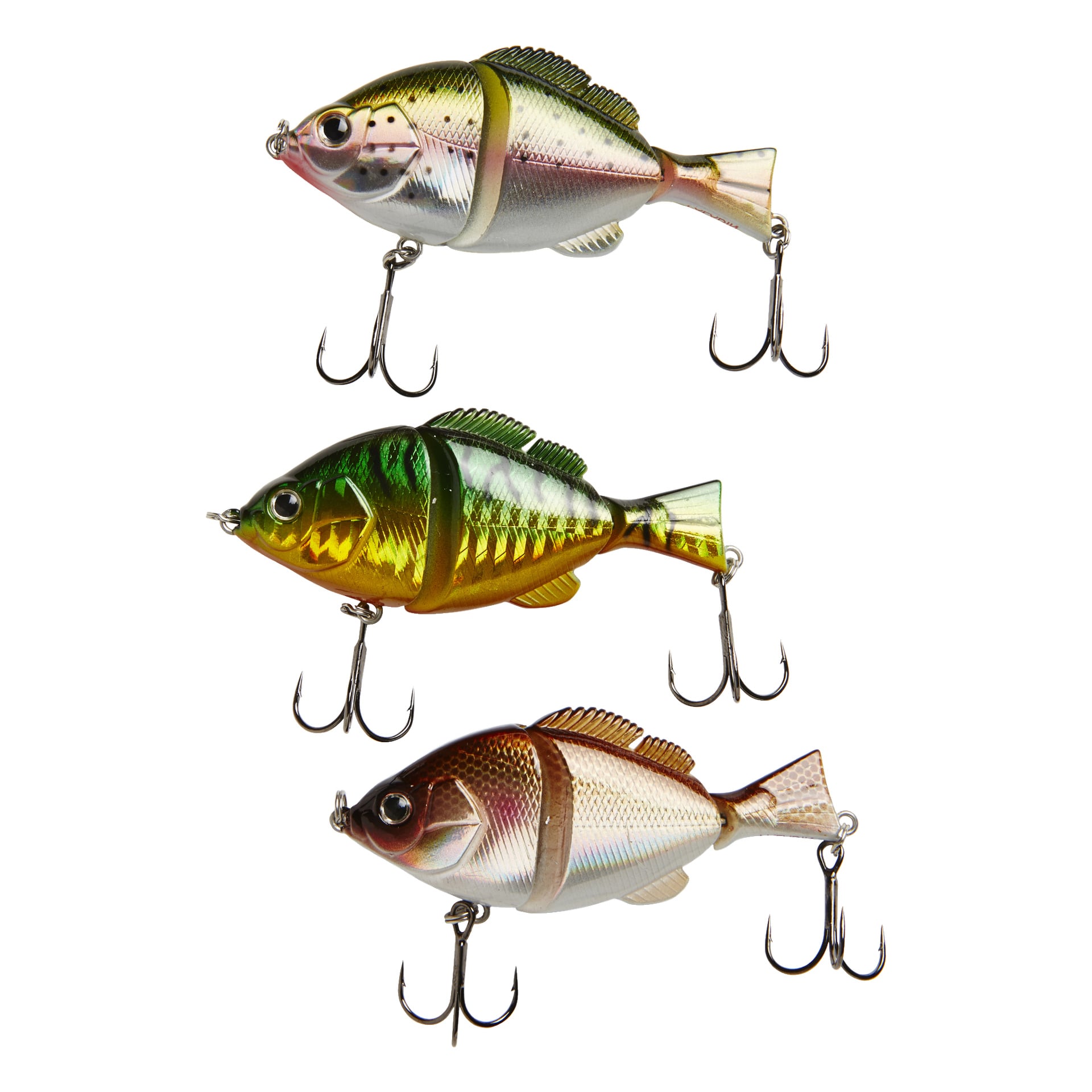 Tre livfulla, fiskformade Kayoba Wobbler-fiskedrag med flera krokar visas sida vid sida. Överdraget är rosa och guld, det mittersta är grönt och gult, och bottenbetet är brunt och silver.