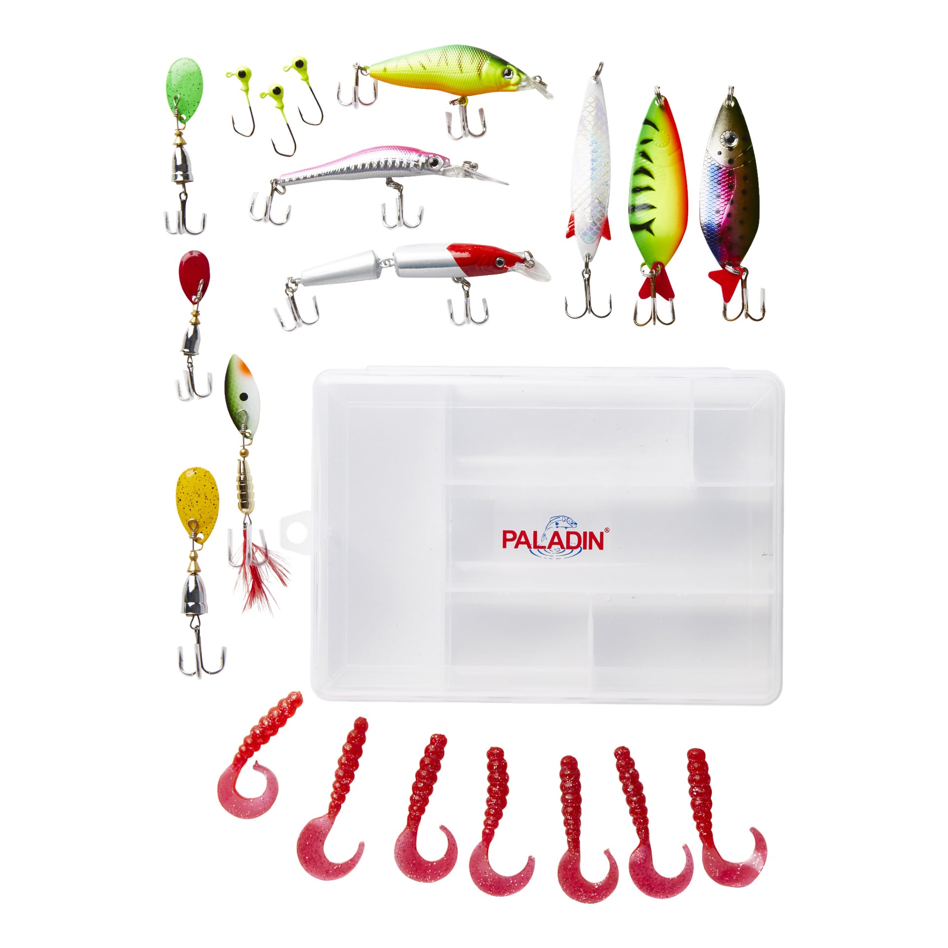 Kayoba Rigs fiskeredskapskit i 20 delar med ett urval av drag, inklusive bright spinners, crankbaits, skedar och mjuka plastlarver, allt prydligt arrangerat i en genomskinlig plastlåda med flera sektioner.