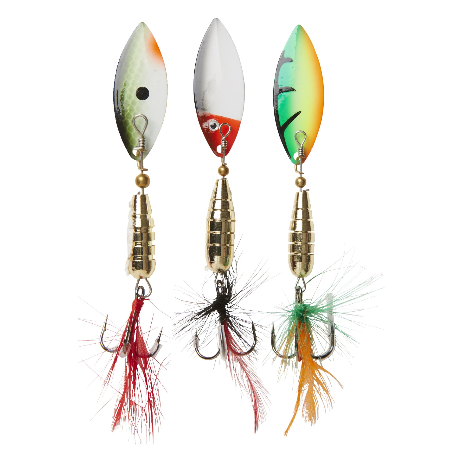 Tre Kayoba Spinner-fiskebeten med blanka metallkroppar och färgglada fjäderkrokar, visade i mönster i rött och vitt, svart och vitt samt grönt med gult.