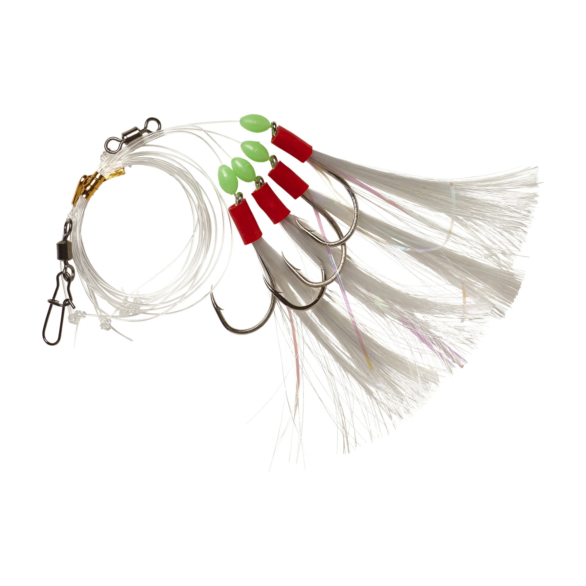Tre Kayoba Rig-fiskekrokar prydda med vita syntetiska fibrer, framhävda av röda, gröna och silverfärgade detaljer, var och en redan fäst vid en transparent fiskelina utrustad med svivlar och klämmor.
