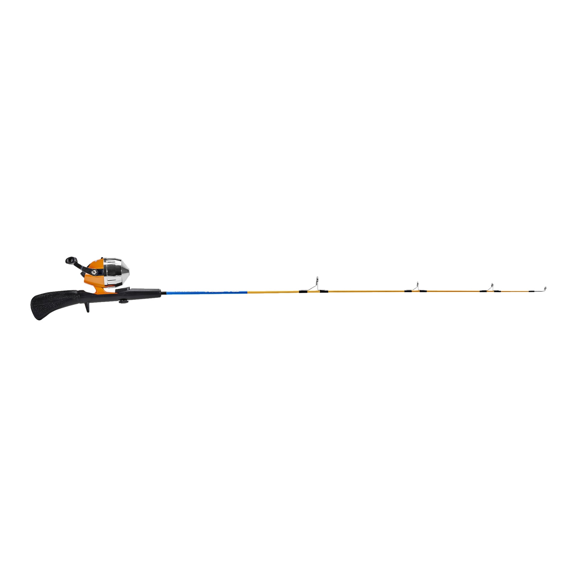 Kayoba Spin-setet för barn innehåller ett fiskespö med orange och blått skaft, ett svart handtag och en silver- och svart stängd rulle fäst. Spöet är utrustat med fem linjers styrningar.
