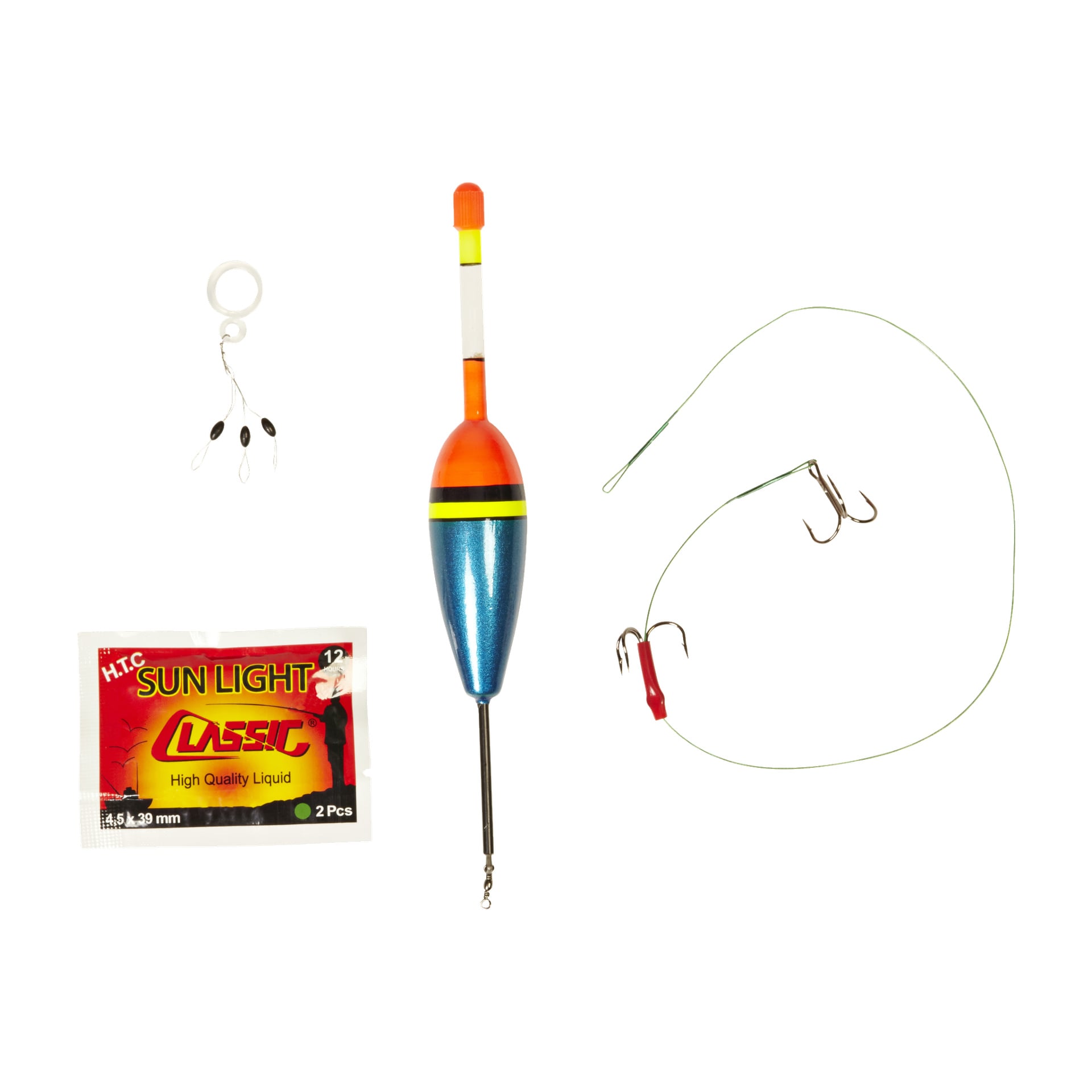 Kayoba Fishing set med en blå och orange flöde, två trekrokar på en grön fiskelina, en plastring med svivlar och ett rött och gult paket märkt Sun Light Classic High Quality Liquid.