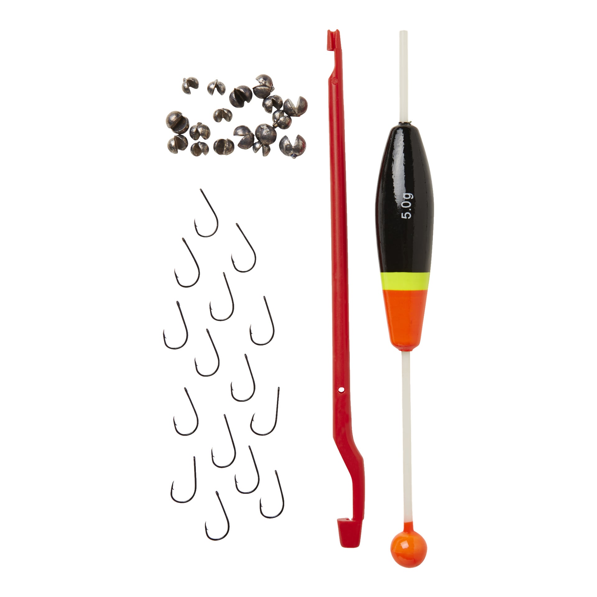 Kayoba Fishing-setet innehåller split shot-sänkor, olika fiskekrokar, ett rött krokborttagningsverktyg och en fiskeflotte i svart, gul och orange märkt 5,0g.