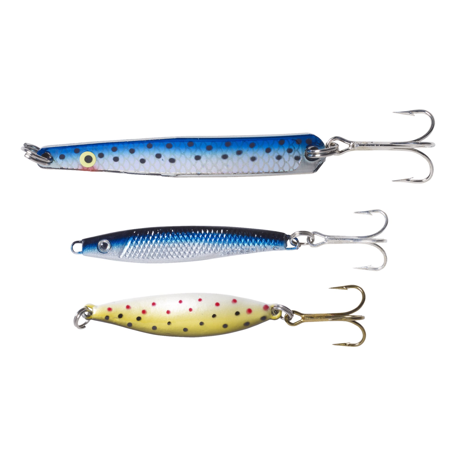 Sölvkroken skjesett har tre fiskeagn: ett øverst i blått med mørke flekker, et annet i blått og sølvfarget mønster, og et tredje agn nederst farget hvitt med røde og svarte prikker. Alle tre agnene har festede trekroker.
