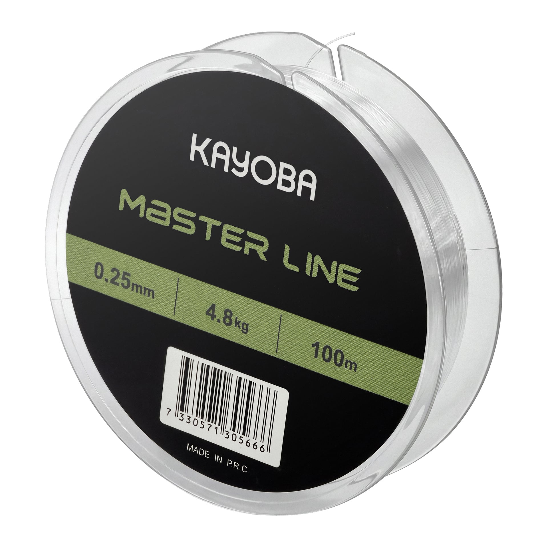 Transparent fiskelina spole märkt KAYOBA MASTER LINE, specifikationer visade: 0,25 mm, 4,8 kg, 100 m, plus en synlig streckkod.