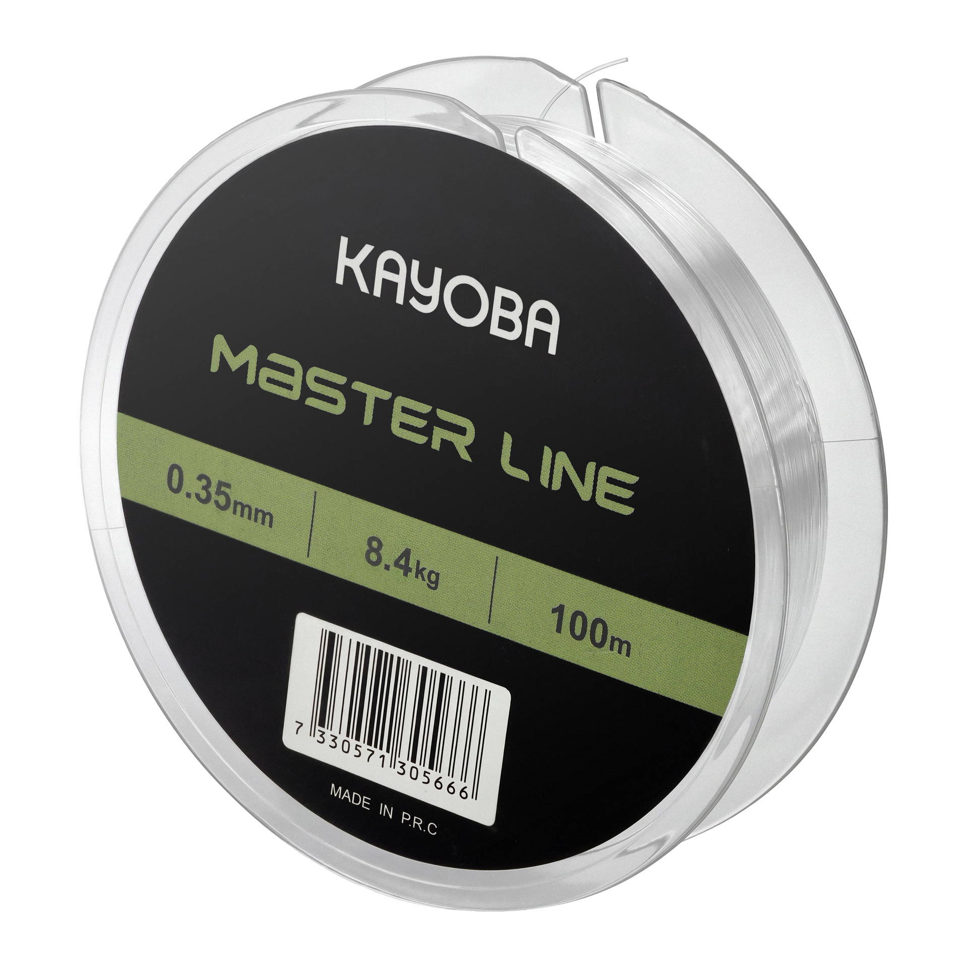 En genomskinlig plastrulle med Kayoba Master Line fiskelina, märkt 0,35 mm, 8,4 kg, 100 m, plus en streckkod och Made in P.R.C.