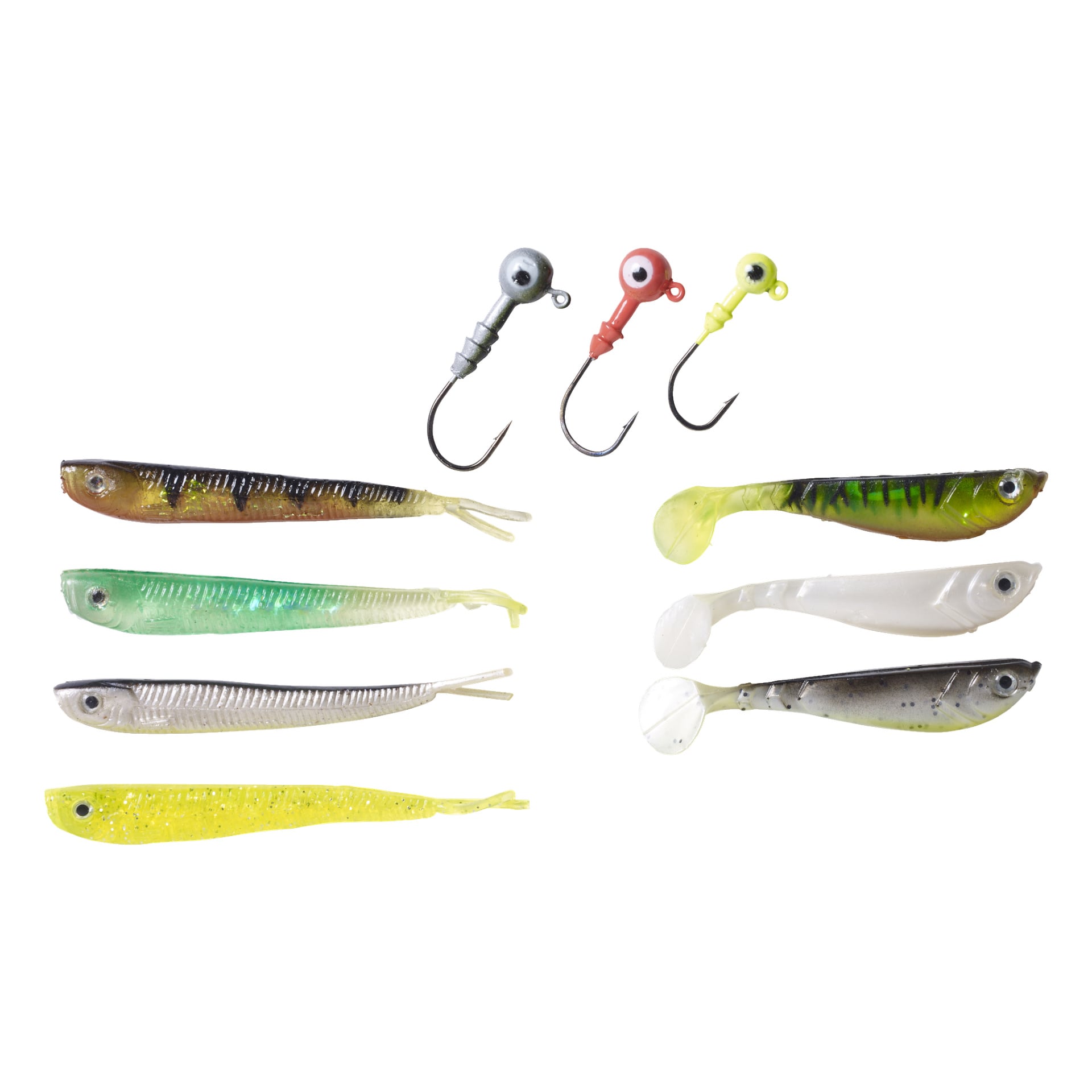 Elva fiskedrag från Berkley jig-setet Powerbait Power Pack Perch Kit Pulse-Minnow visas, inklusive tre jigghuvuden med krokar upptill och åtta mjuka plastbeteskroppar i olika färger och former arrangerade nedanför.
