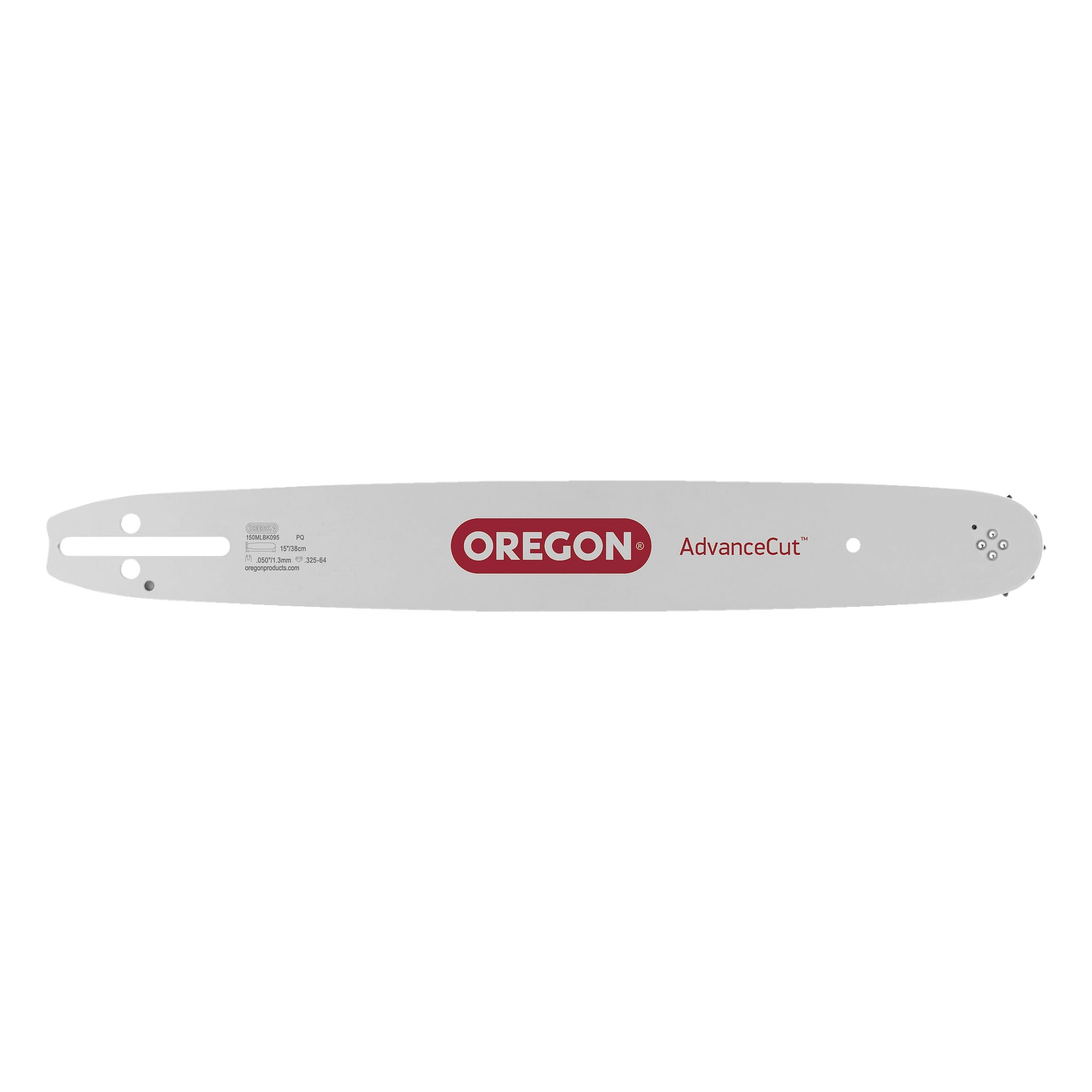 En metallisk Oregon Saw-stång med röd logga och produktinformation visad till vänster, designad med flera hål för montering och justering av spänning.