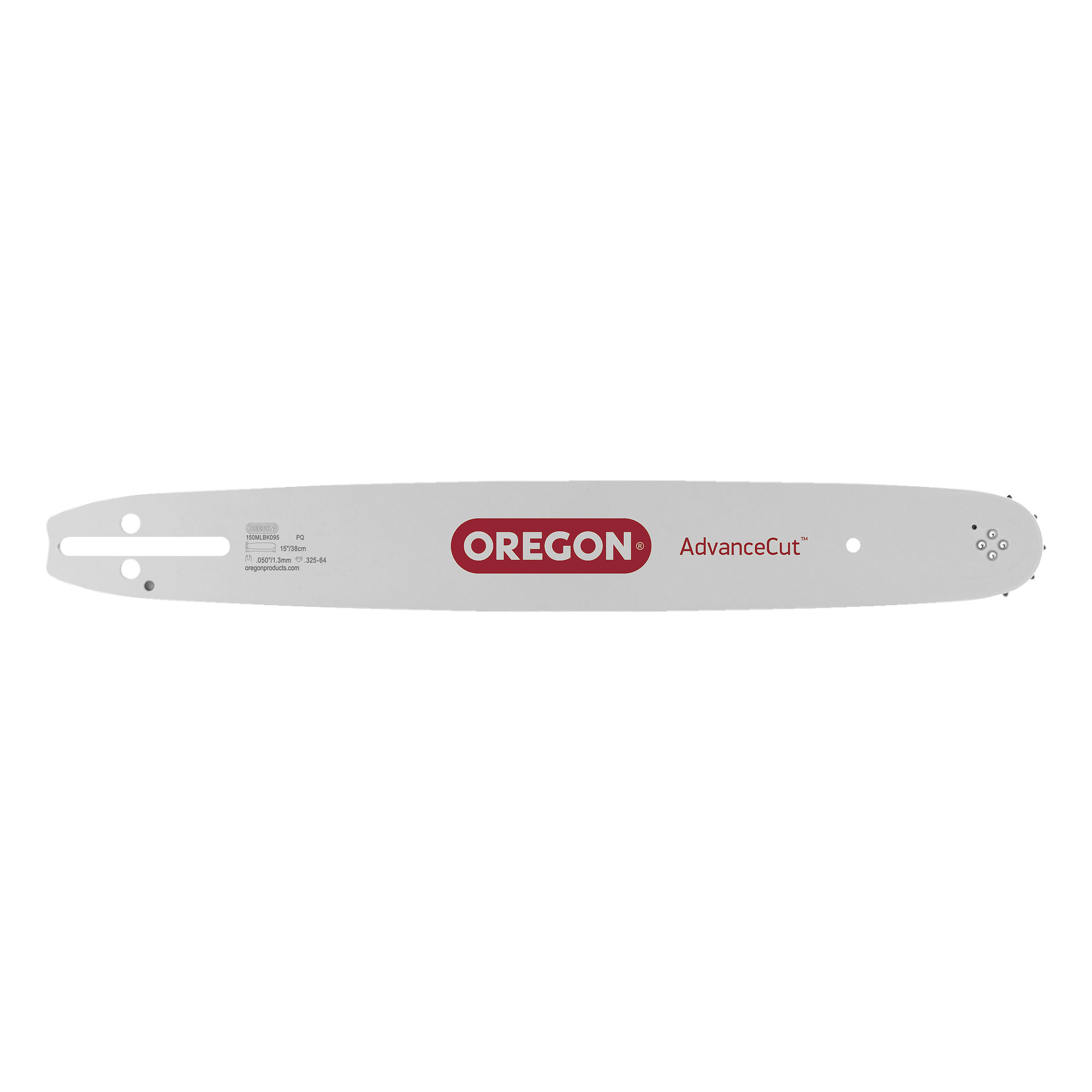 Eine silberne Oregon Saw-Stange zeigt auf der linken Seite rotes Branding und Produktinformationen.