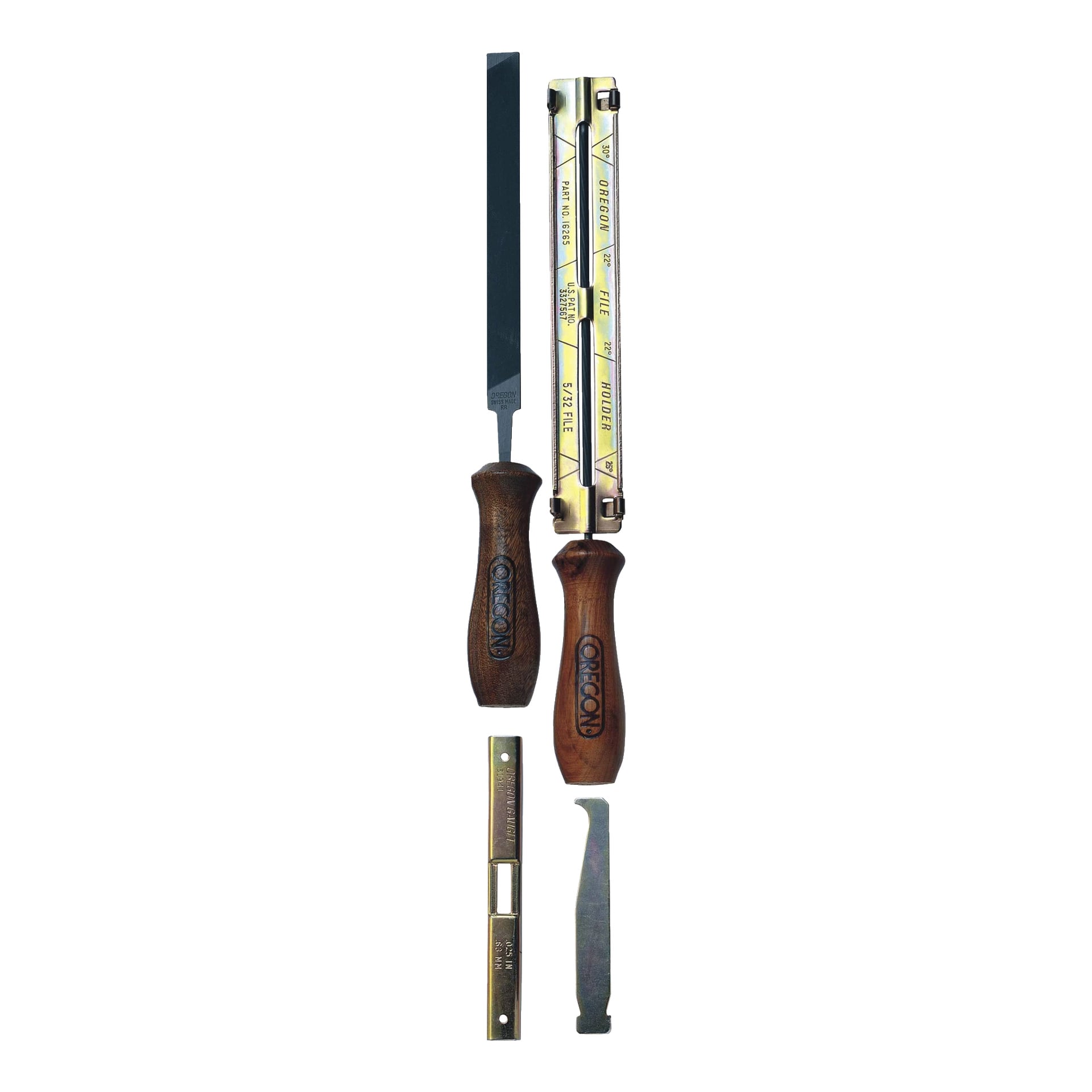 Ett set med fyra träbearbetningsverktyg med trähandtag, med en platt fil, en rund fil med instruktionsmarkeringar och ett kompakt metallverktyg utrustat med både krok och spår, allt från Oregons 4-delade slipkit.